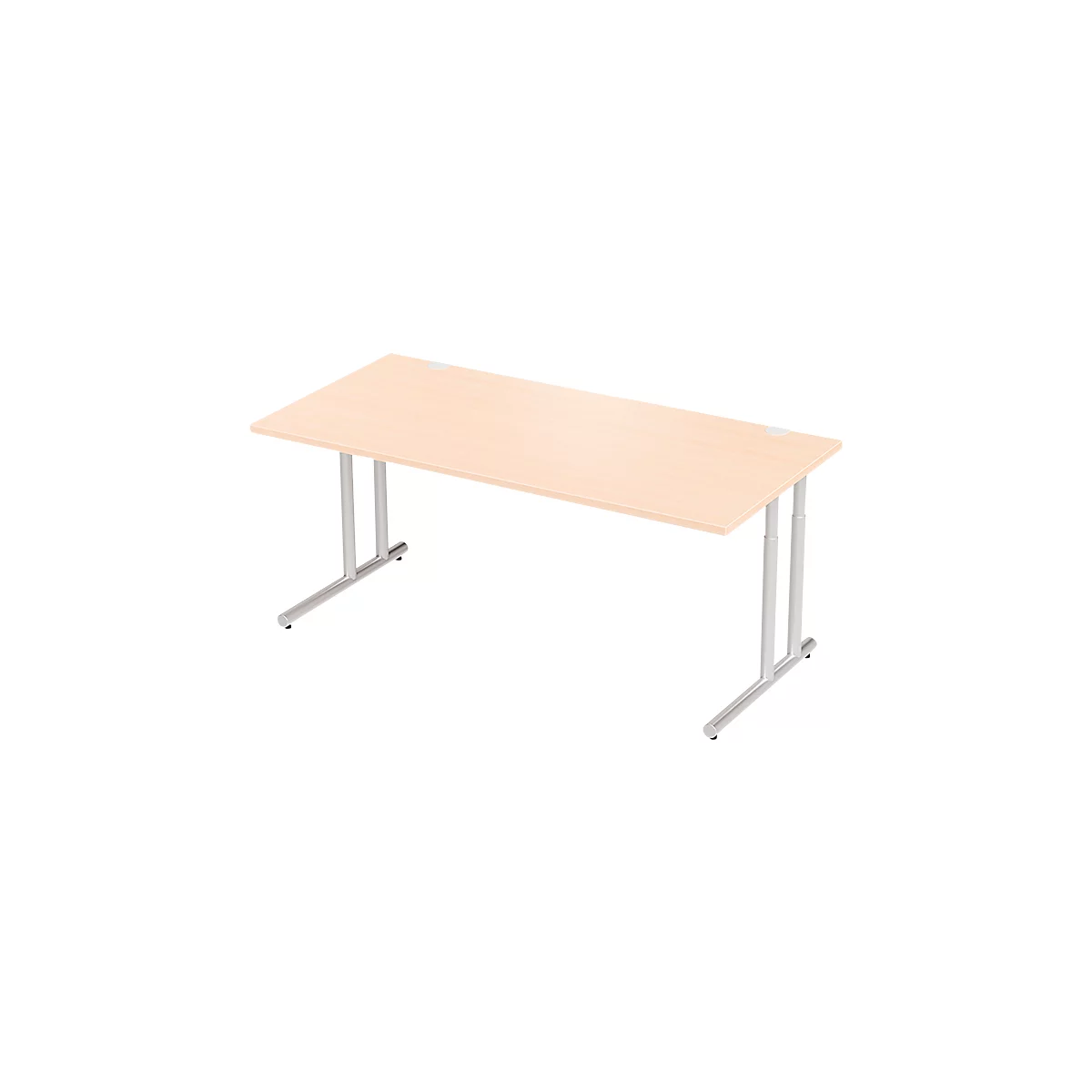 Rectangular office desk with light wood top and silver legs.