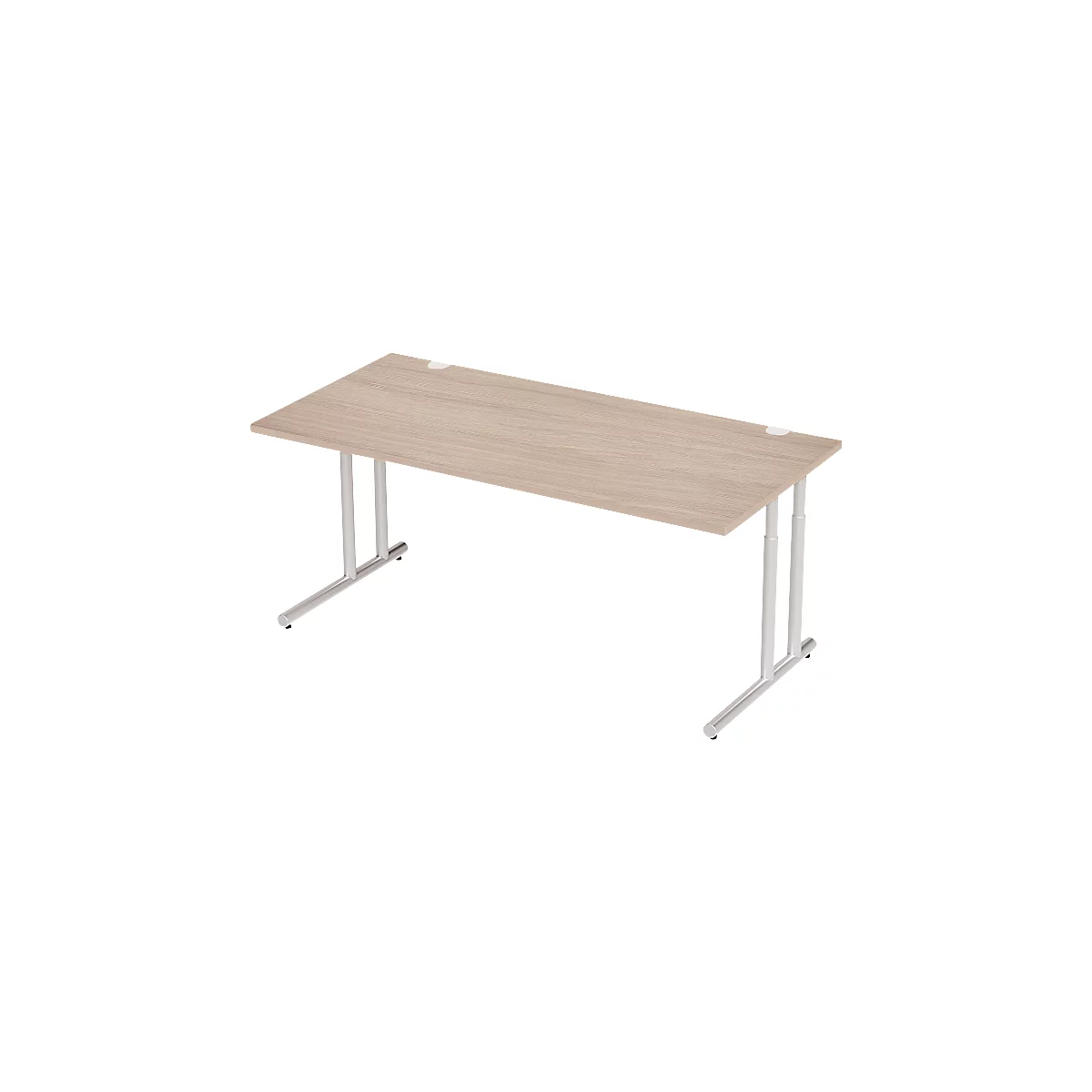 Light brown desk with metal legs. Wood look, white frame, rectangular.