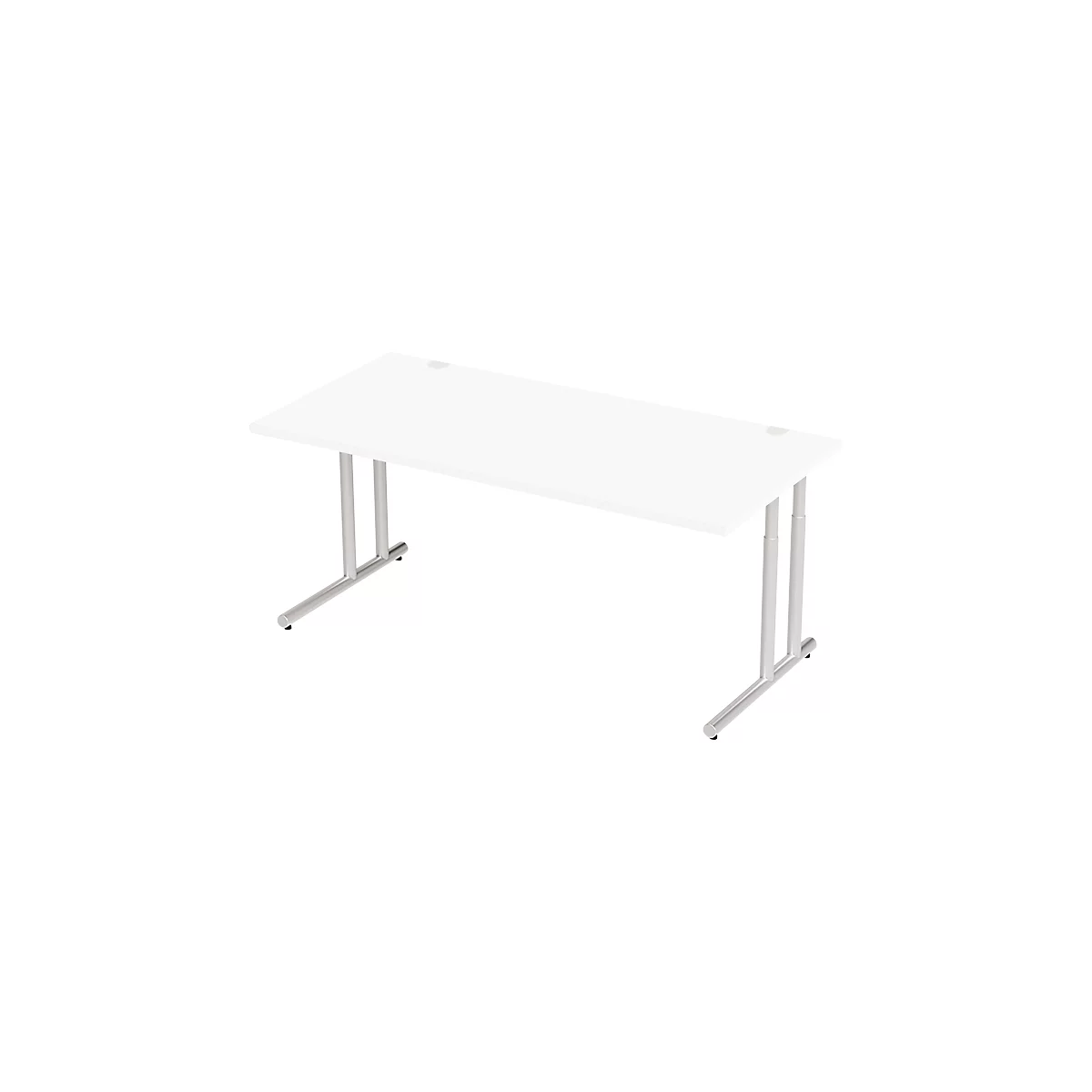White office desk with silver legs. The design is minimalist and modern. Two round openings on the tabletop.