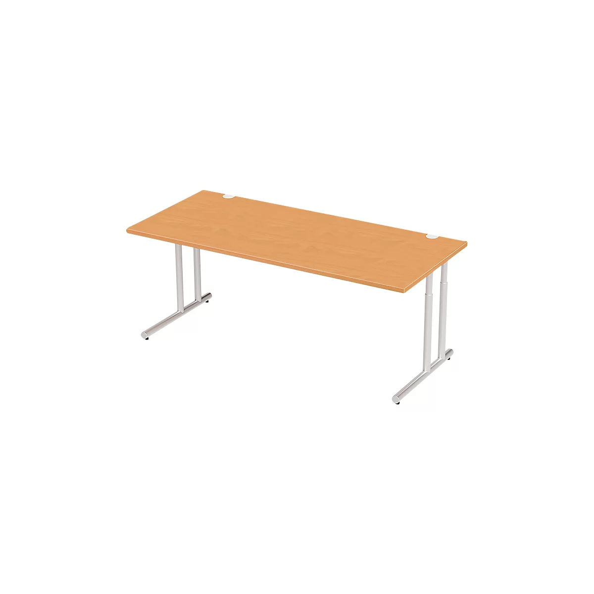 A light brown desk with silver legs. It has a rectangular shape and holes for cables.