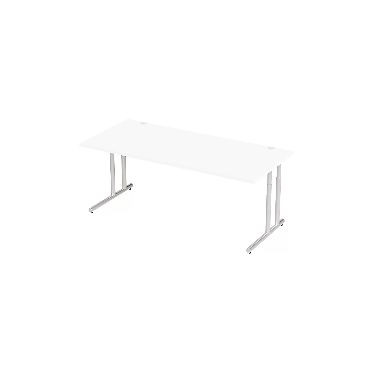 White desk with silver legs. The rectangular tabletop has two round holes.