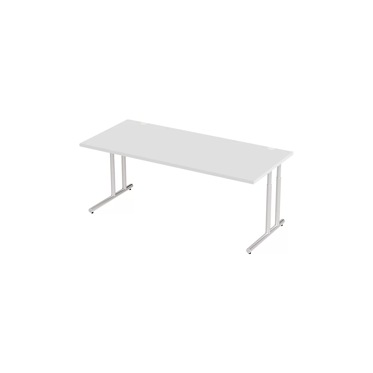 White rectangular table with metal legs attached at the corners.