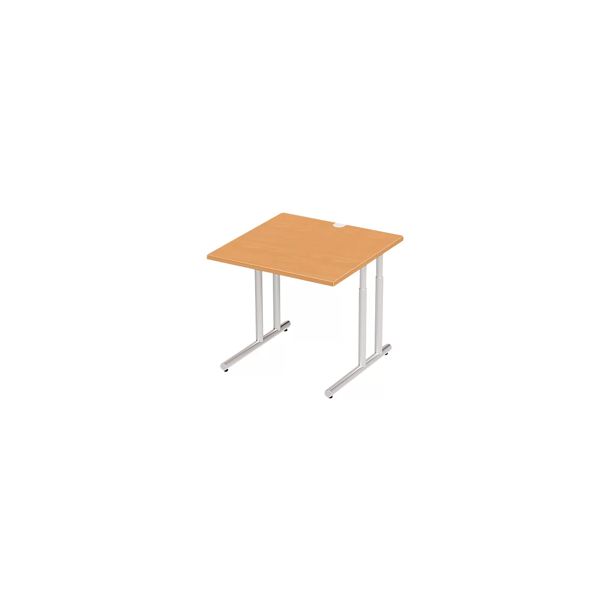 Small square table with light brown tabletop and silver legs.