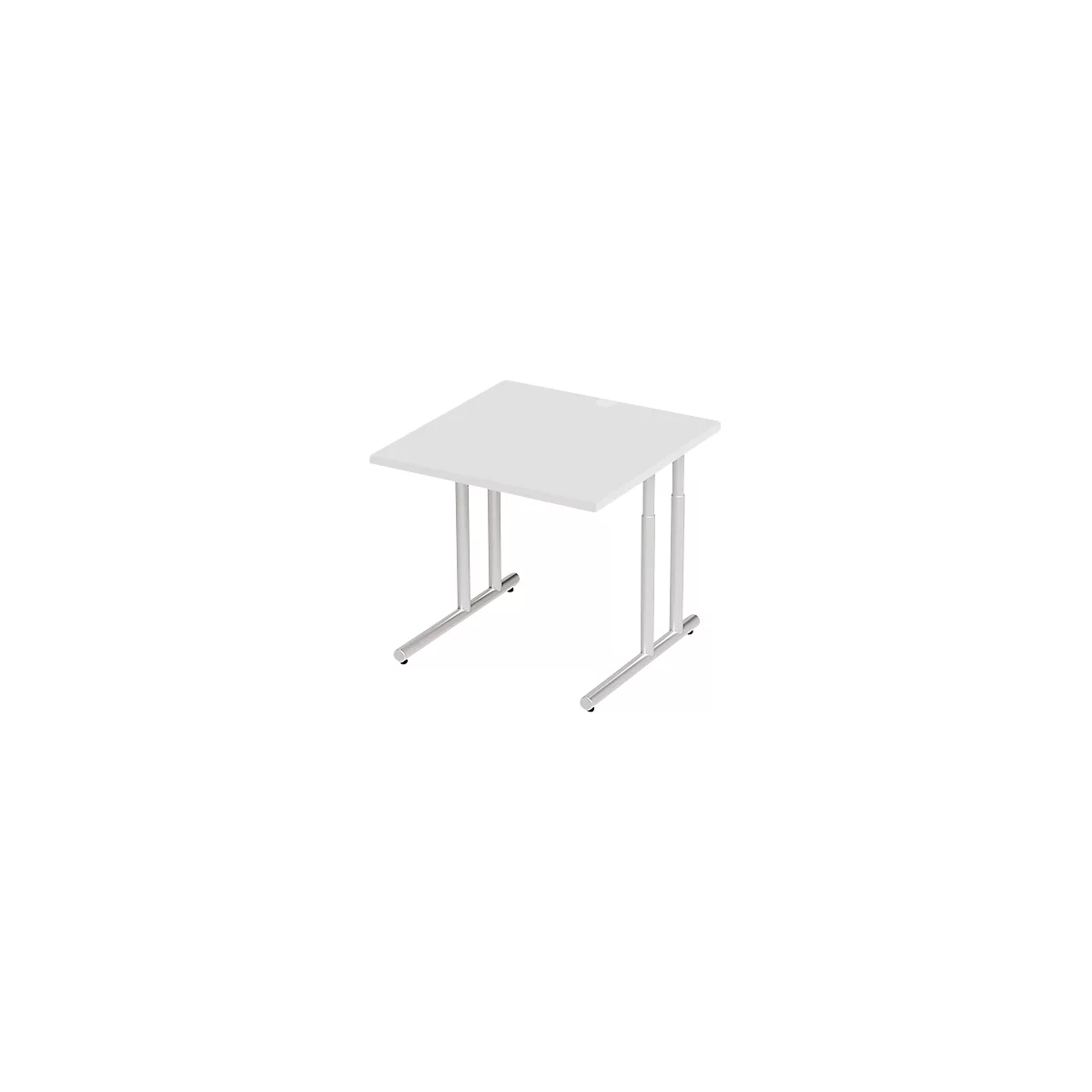 White square table with silver legs. The table is slightly tilted.