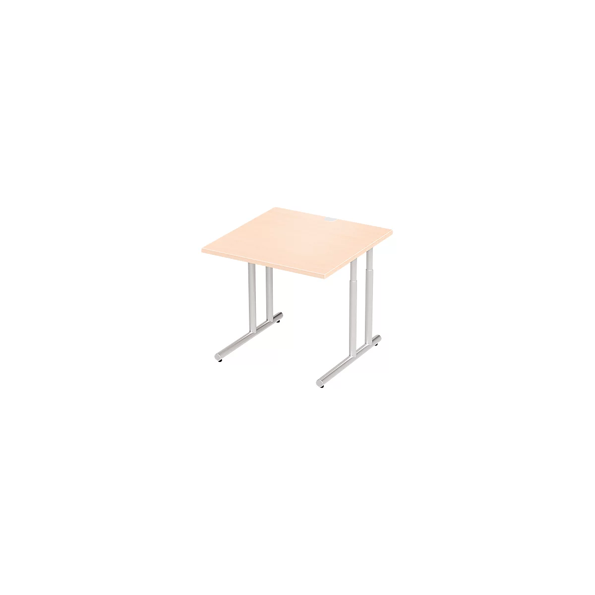Square table with light brown top and silver legs. The table stands on a white background.