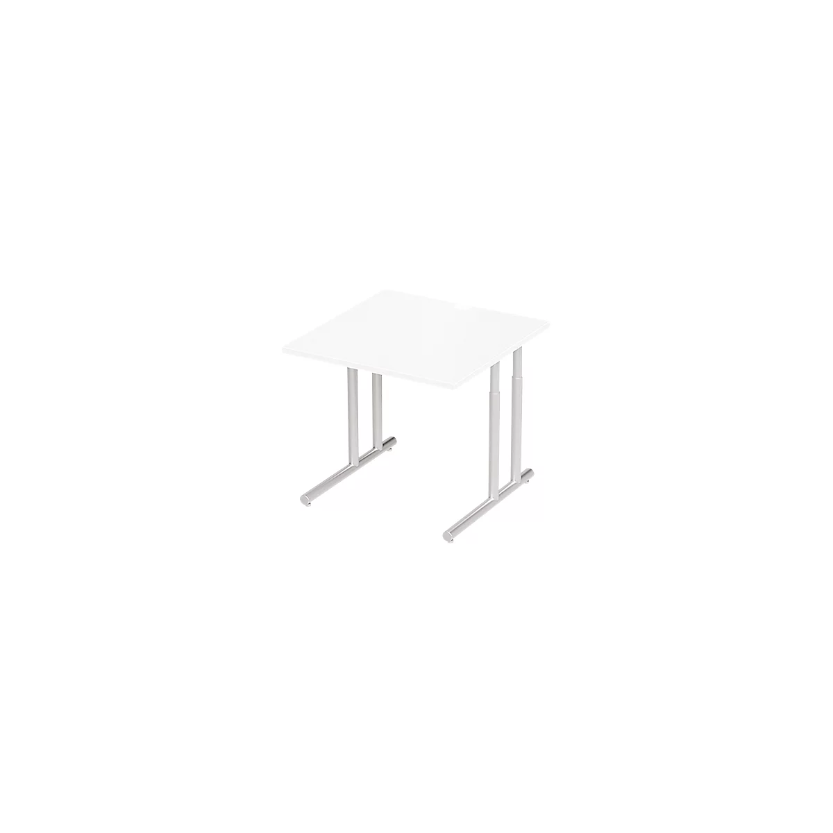 Square white table with silver legs. The design is minimalist and modern.