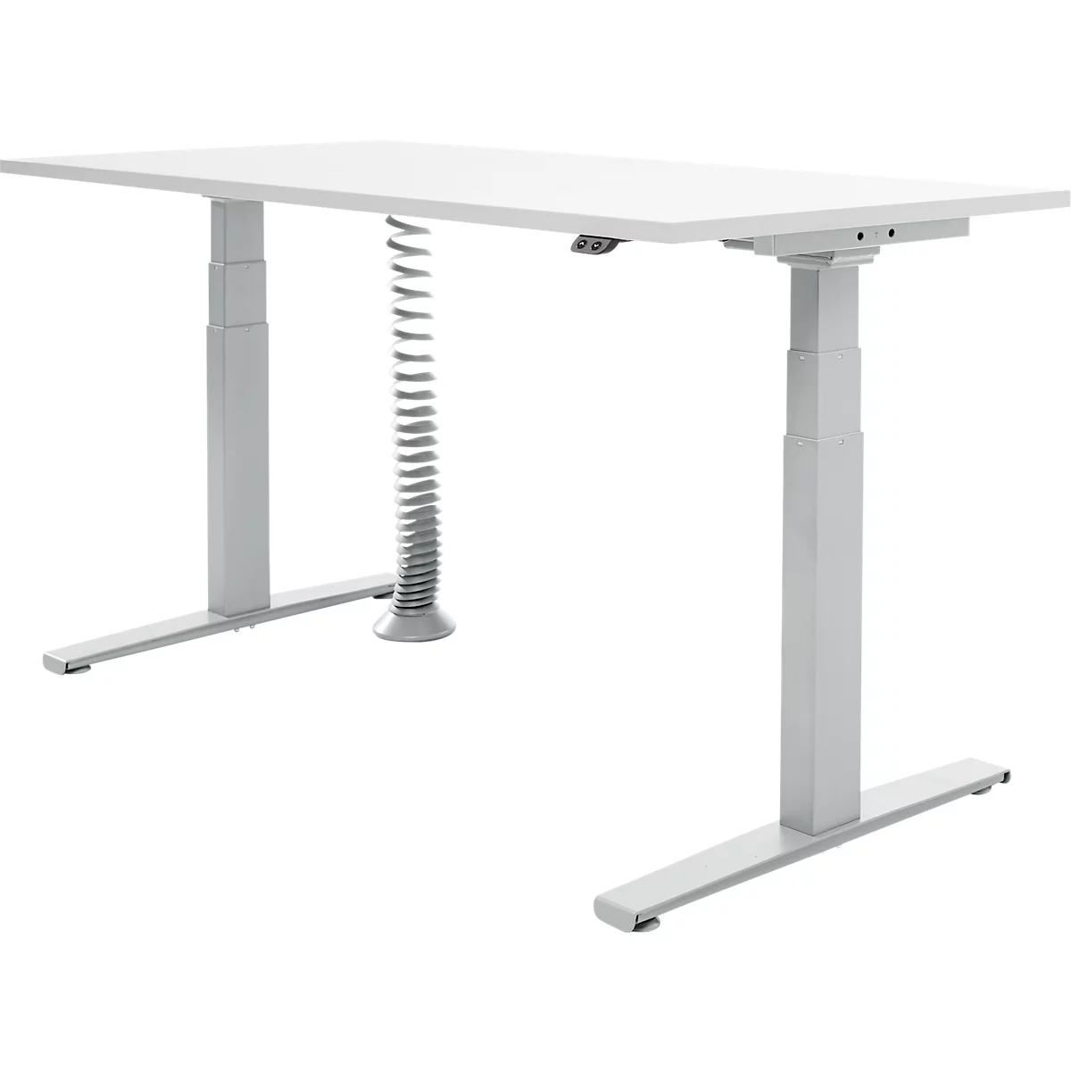 A white height-adjustable desk against a light background. A metallic hose runs to the middle of the table.