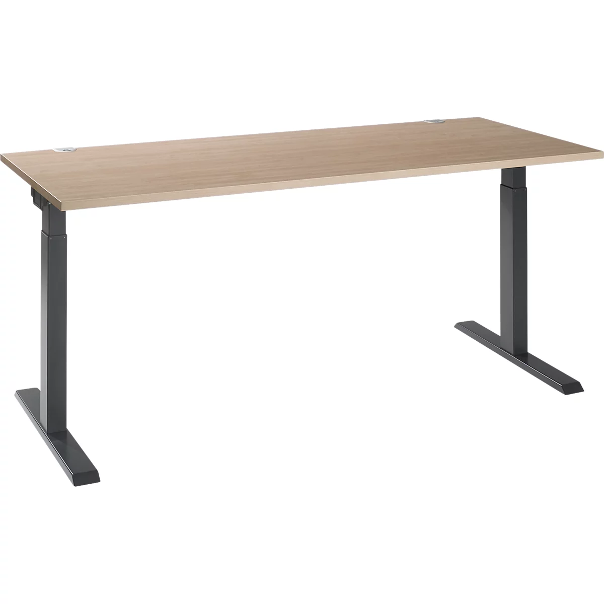 An adjustable height desk, light colored tabletop, black legs. The table is captured from the side and slightly angled.
