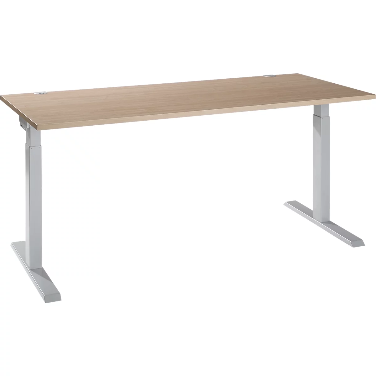 A height-adjustable desk with a light brown tabletop and silver legs.