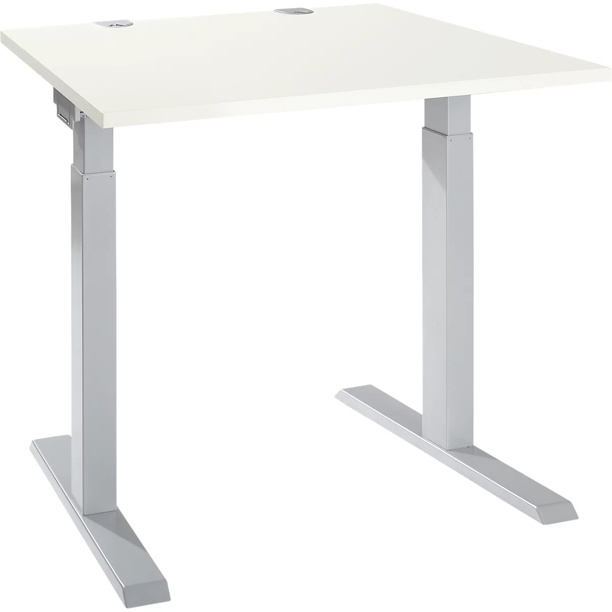 White, square height-adjustable desk, silver legs.