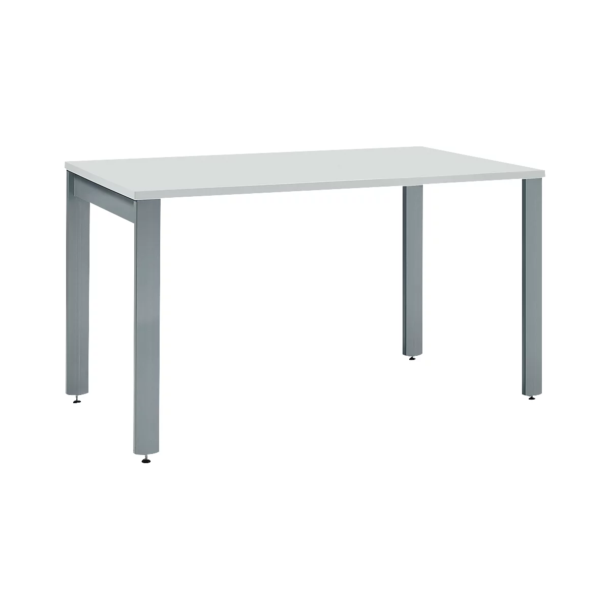 White table with gray metal legs, equipped with height-adjustable feet.
