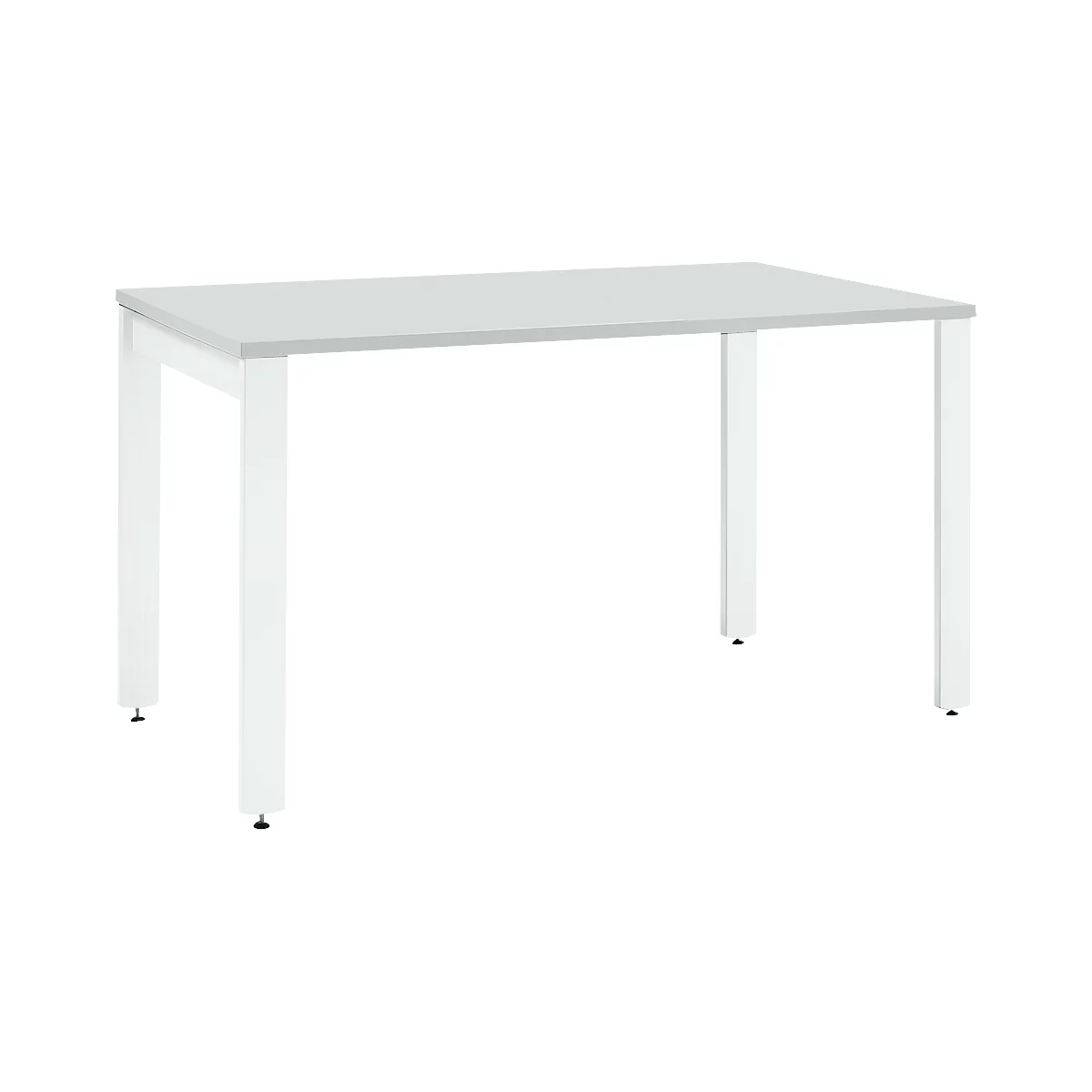 A white rectangular table with a light gray tabletop. Four white table legs, small black feet.