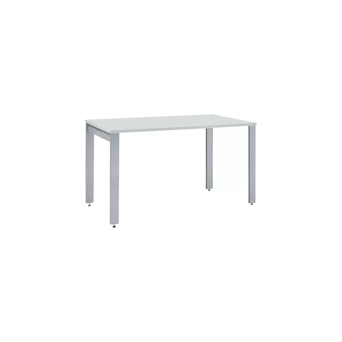 A rectangular white table with silver legs. The table legs have small, black adjustable feet.