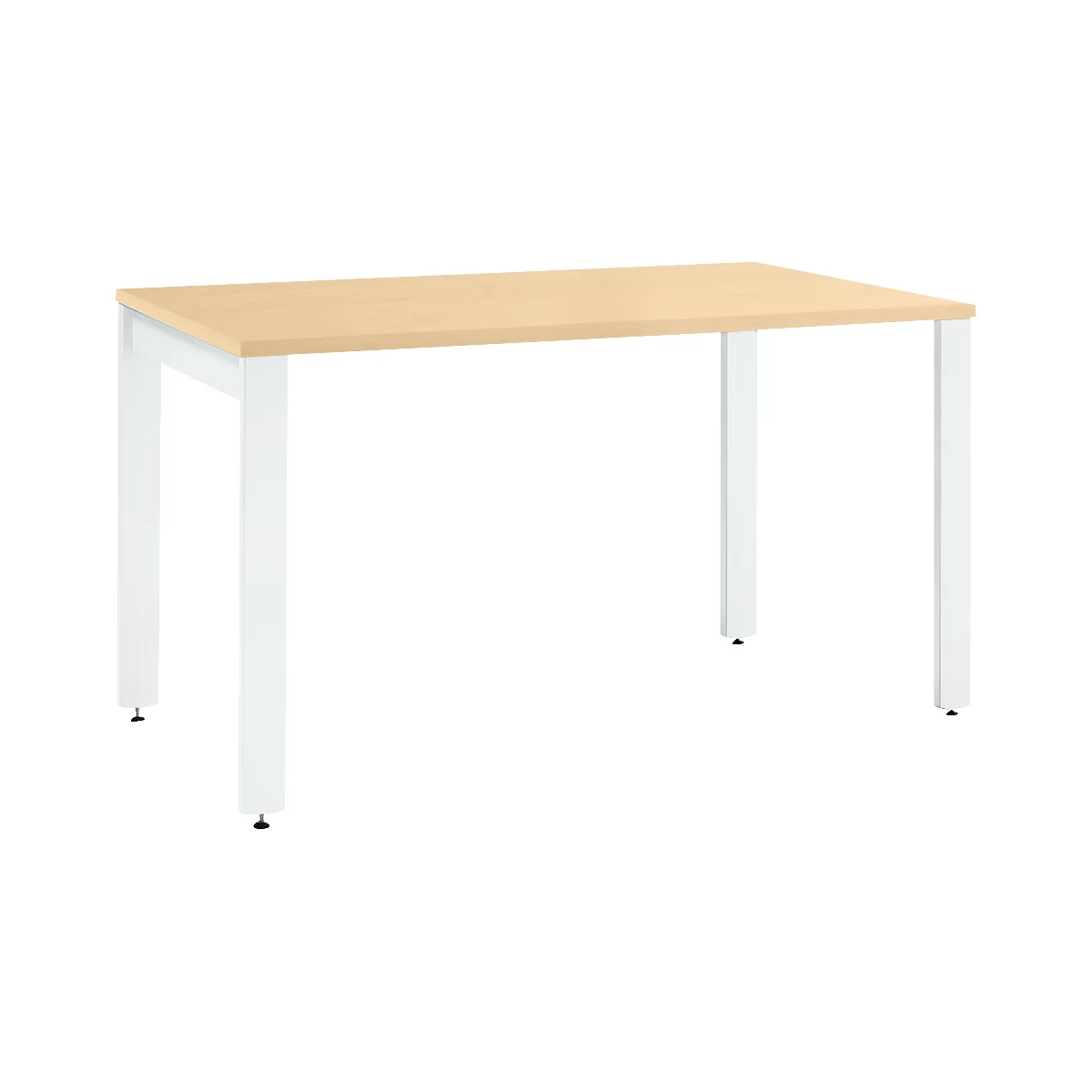 A rectangular table with a light wooden top and white legs.