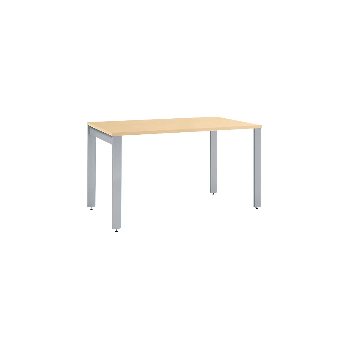 A light-colored table with a wooden top and silver legs stands against a white background.