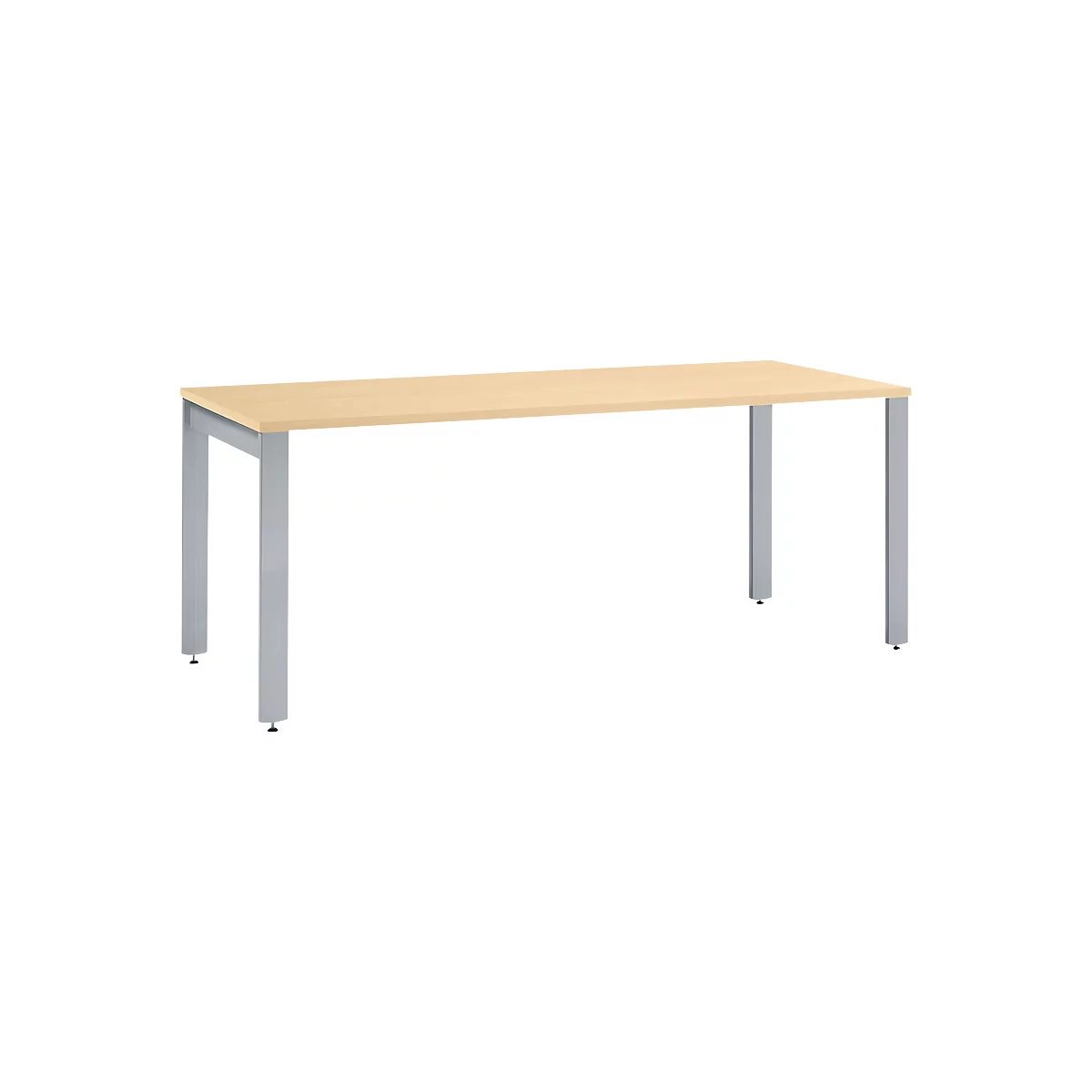A light wooden table with silver legs stands against a white background.