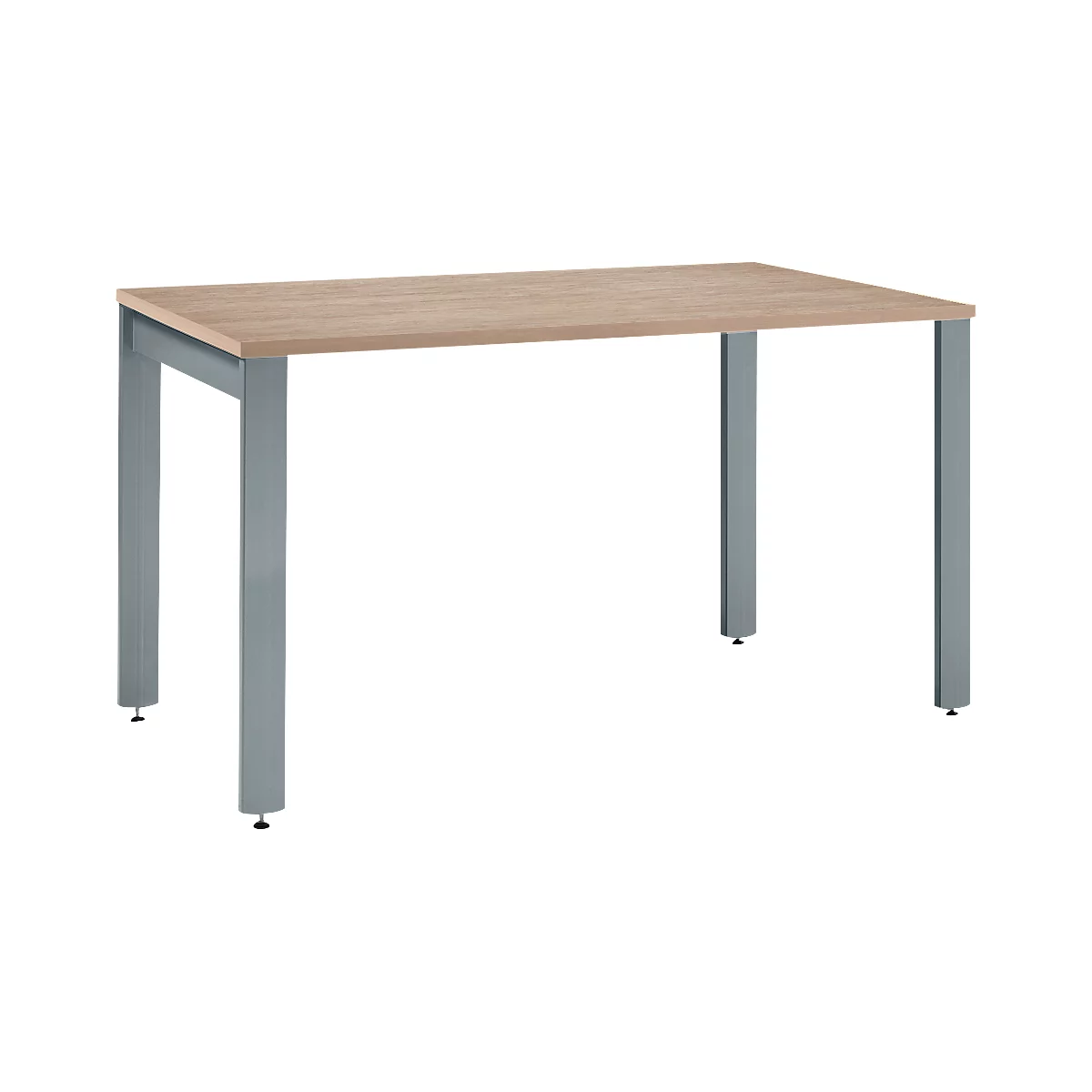 A rectangular, wood-colored table with gray metal legs. The legs have small, black feet.