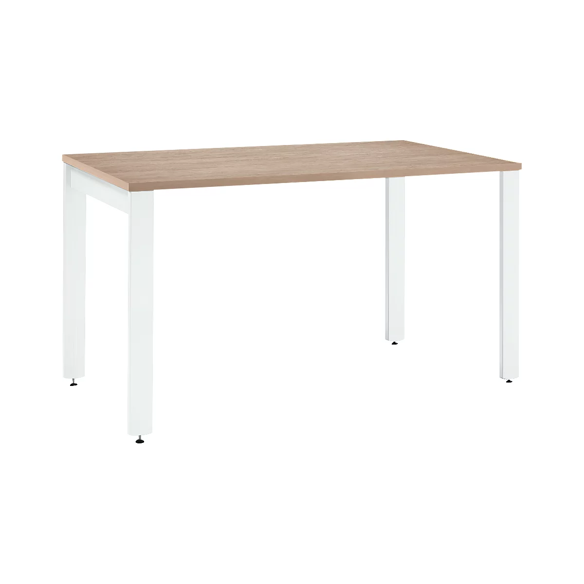 Rectangular table with a light brown tabletop and white, angular legs.