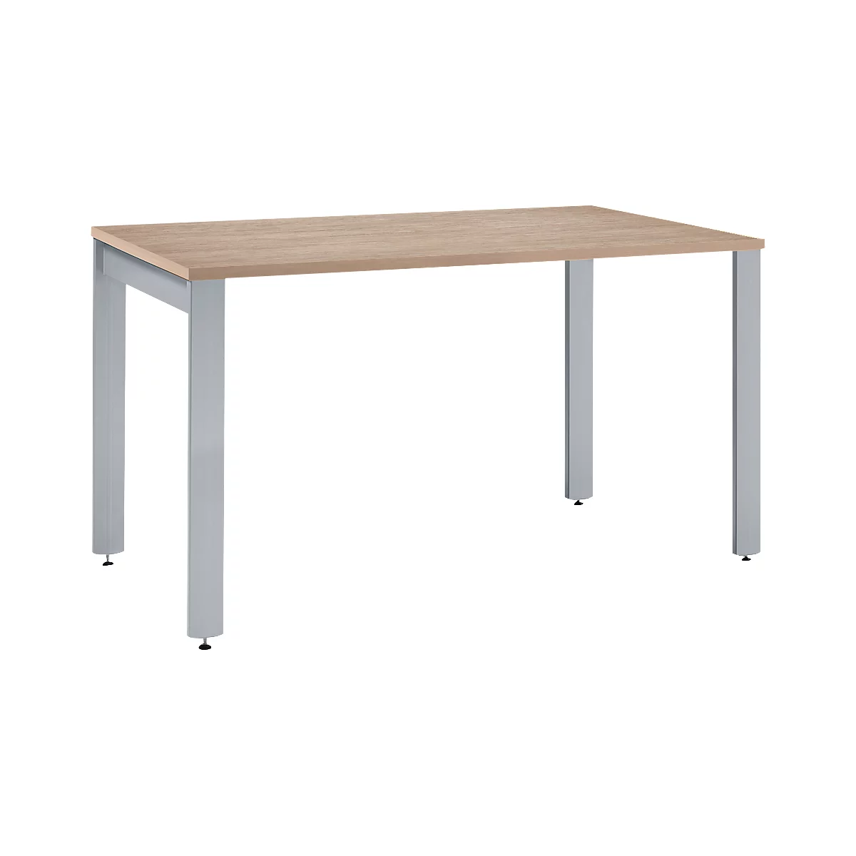 Rectangular table, light wood top, gray metal legs.
