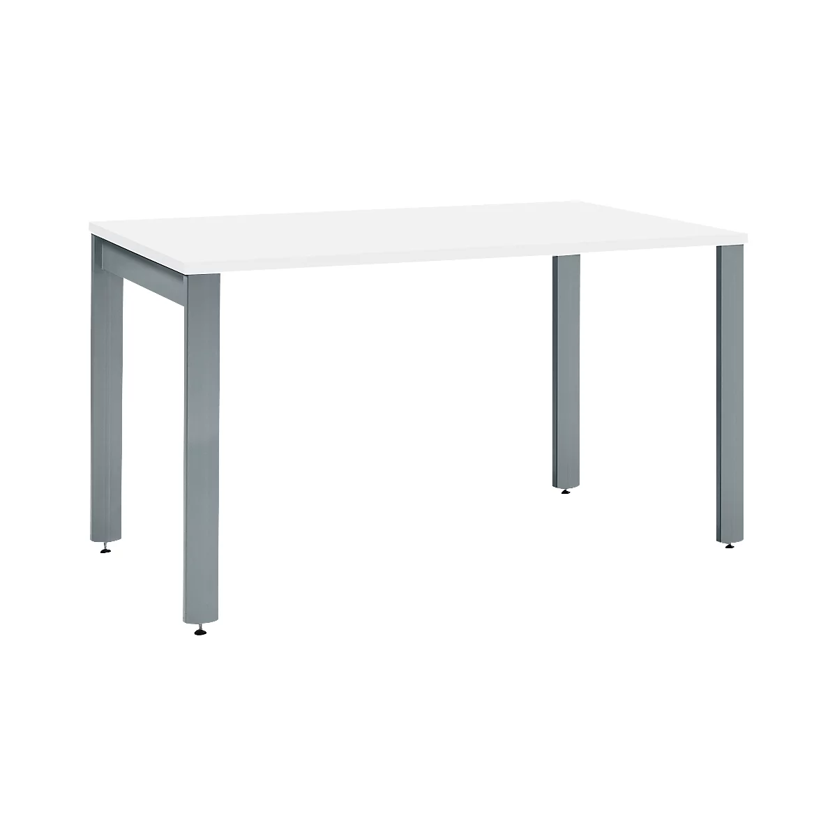 White table with gray legs. Rectangular tabletop, four vertical legs with adjustable feet.