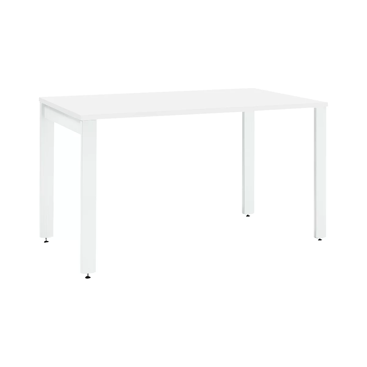 White table with a rectangular tabletop and four square legs.