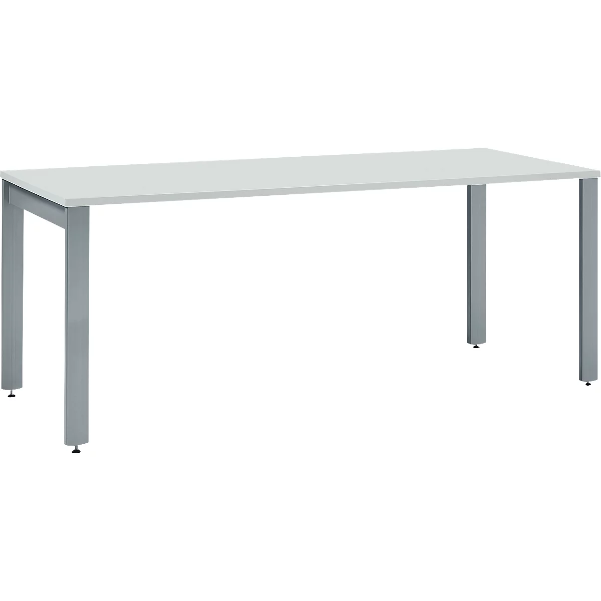 White office desk with gray metal legs. The table top is rectangular and the legs form a stable frame.