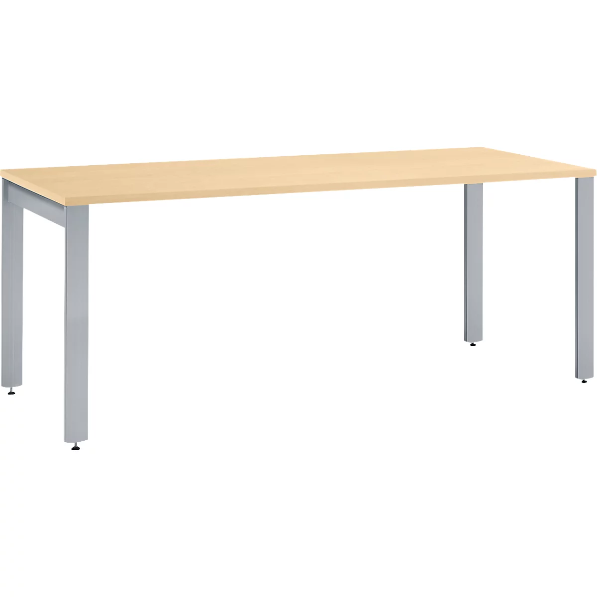 Rectangular table with light brown top and grey legs. The legs are attached at the corners.