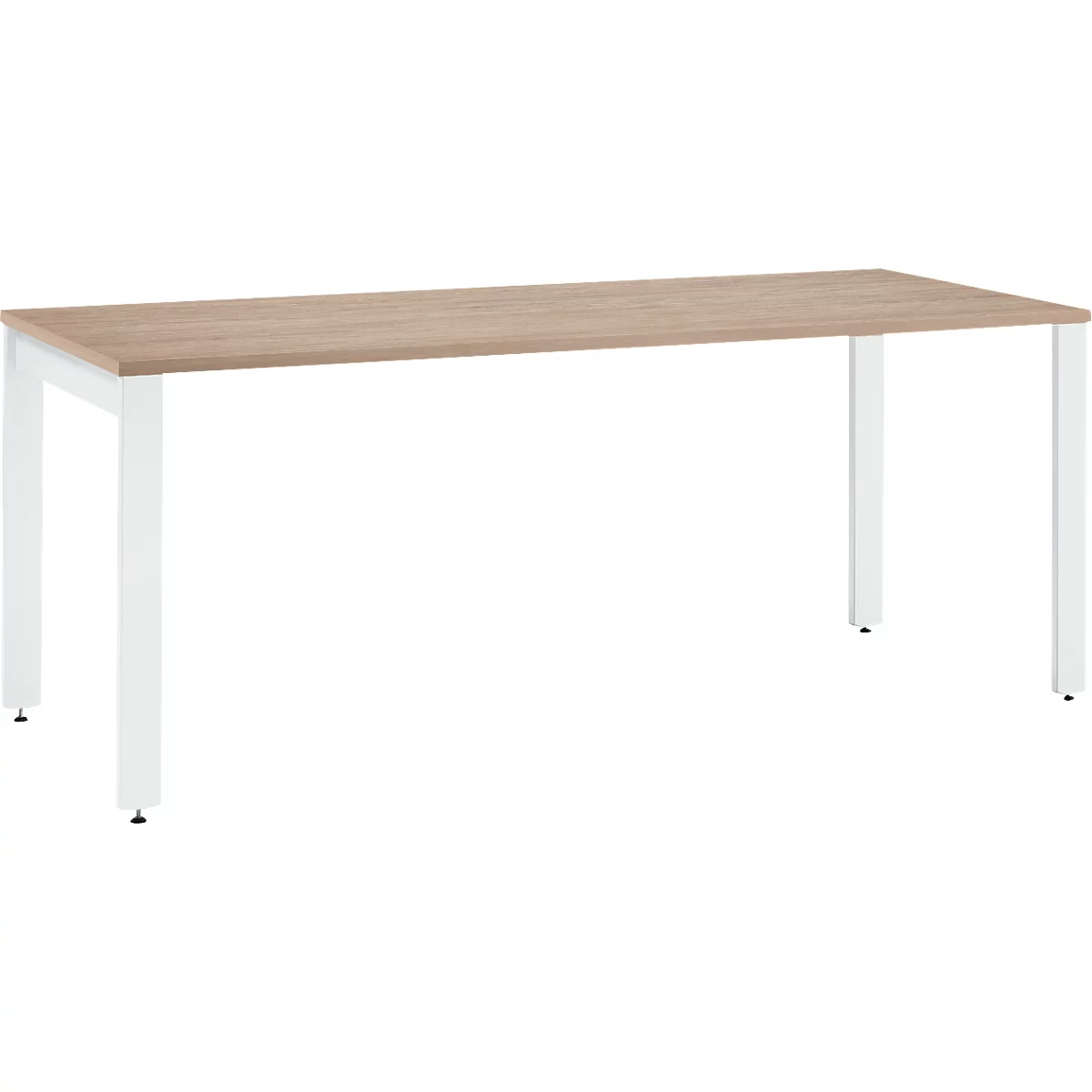 A rectangular wooden table with a light brown tabletop and white metal legs.