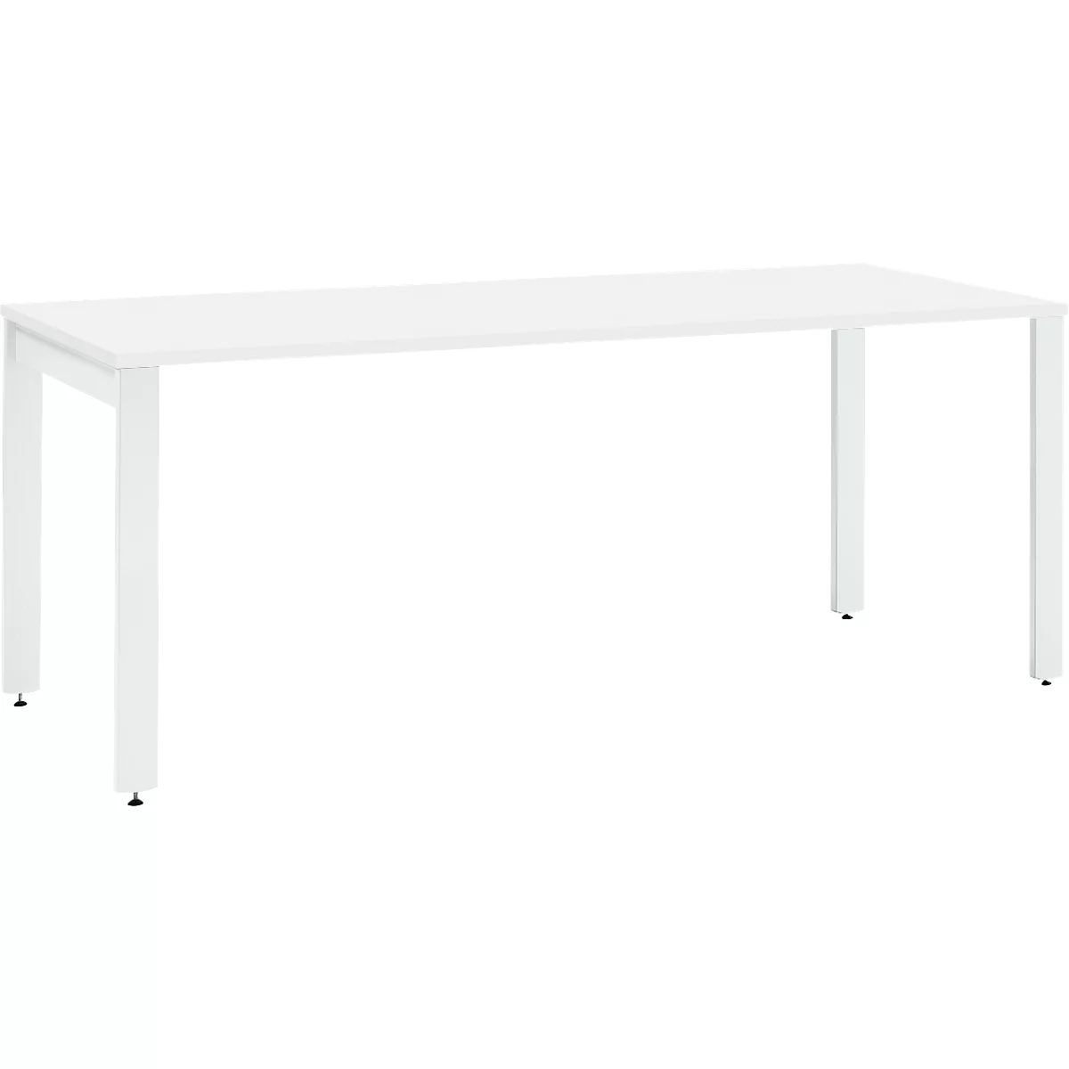 White table with a rectangular tabletop and four metal legs.