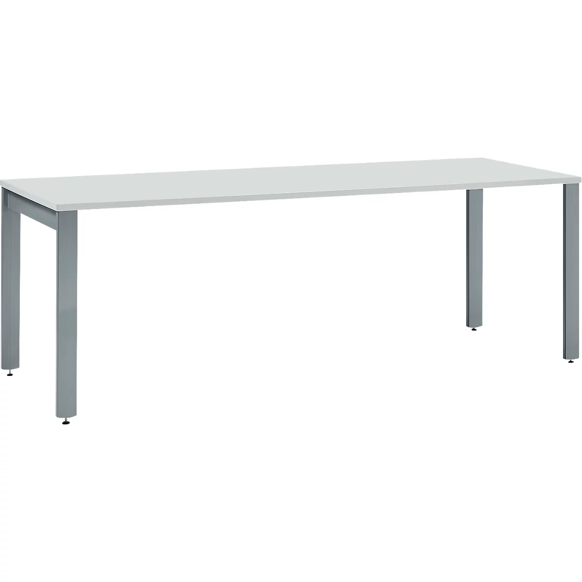 White office desk with gray metallic legs. Rectangular tabletop, standing on four legs.