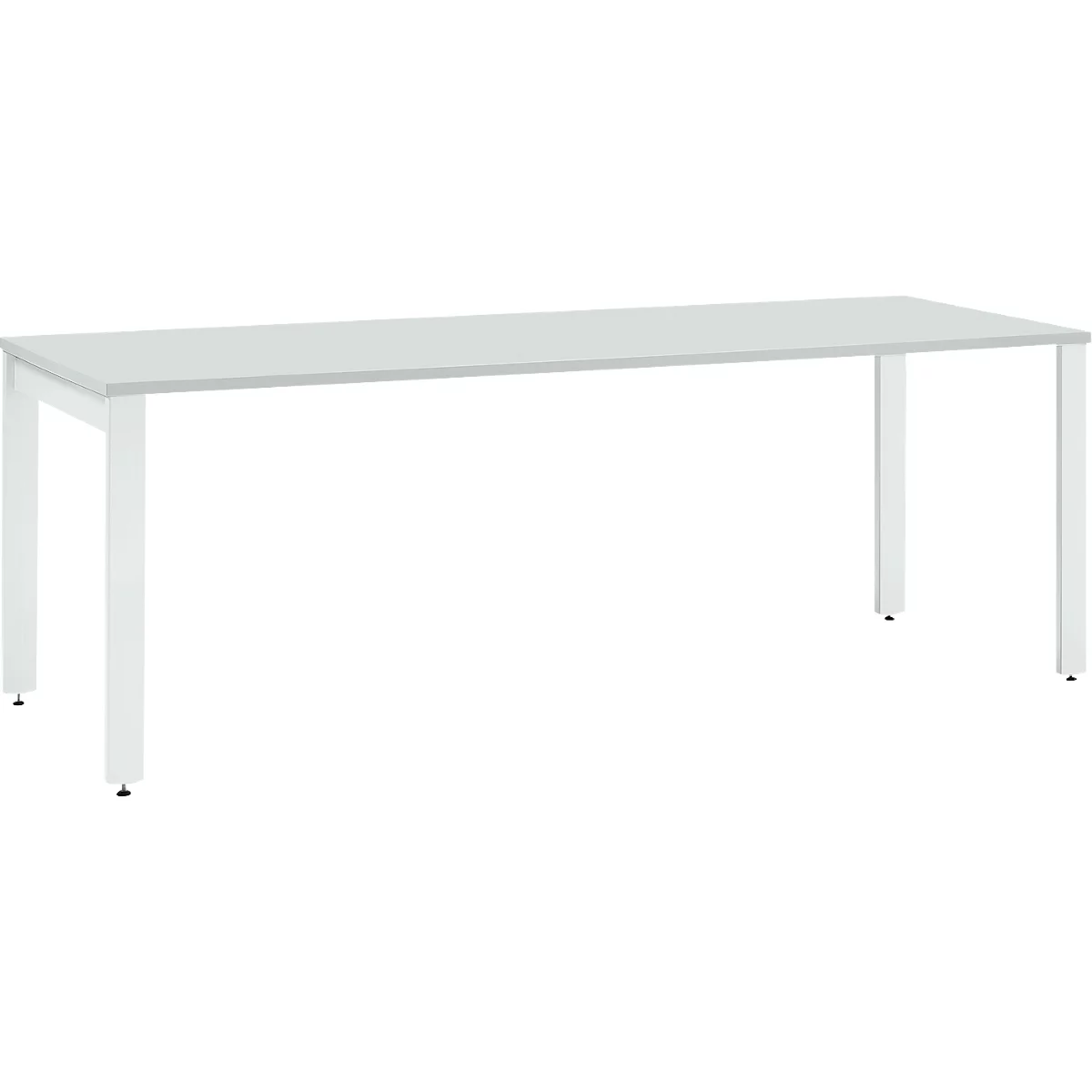 White table with a rectangular table top and white metal legs. There are black feet on the legs.