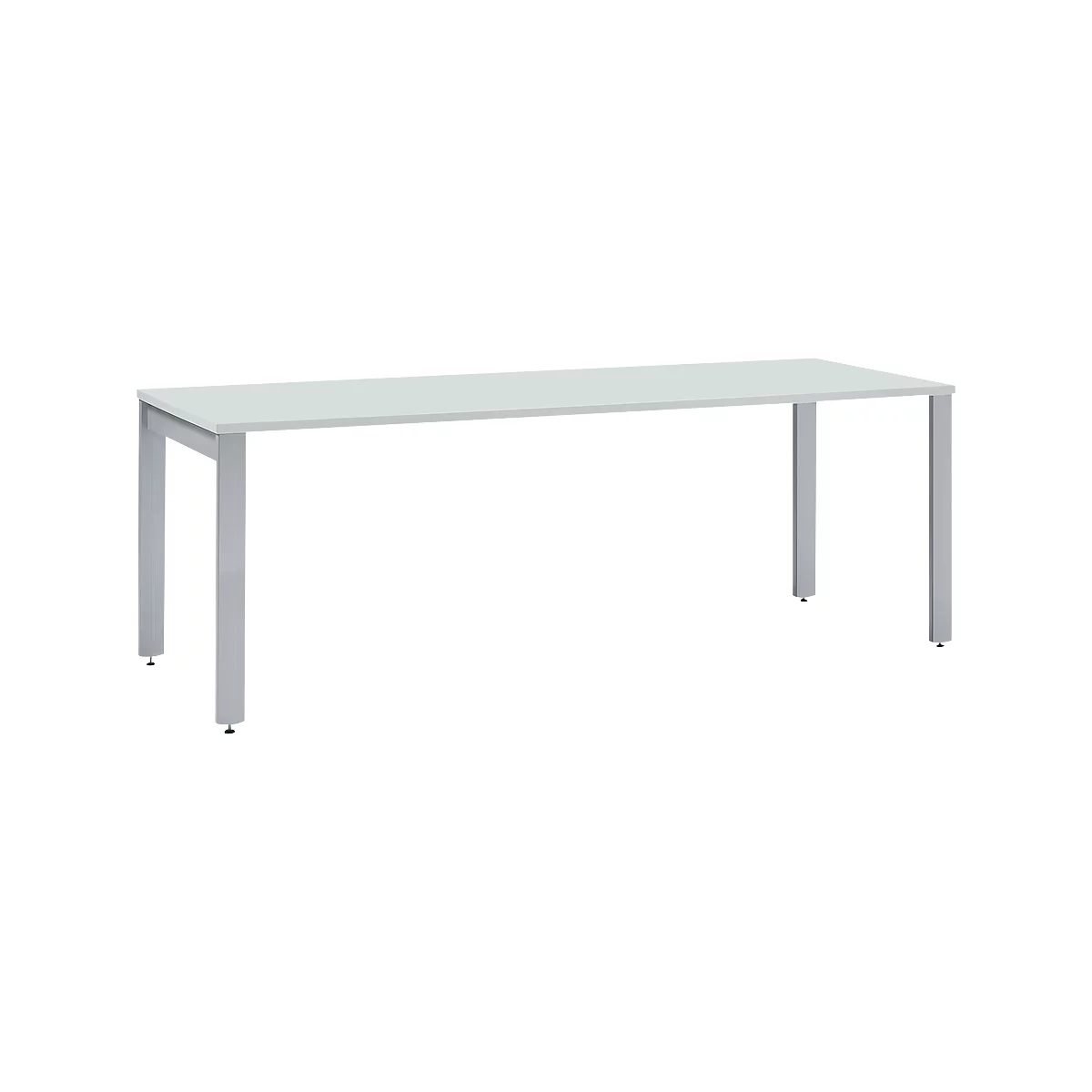 White table with silver legs on a white background.