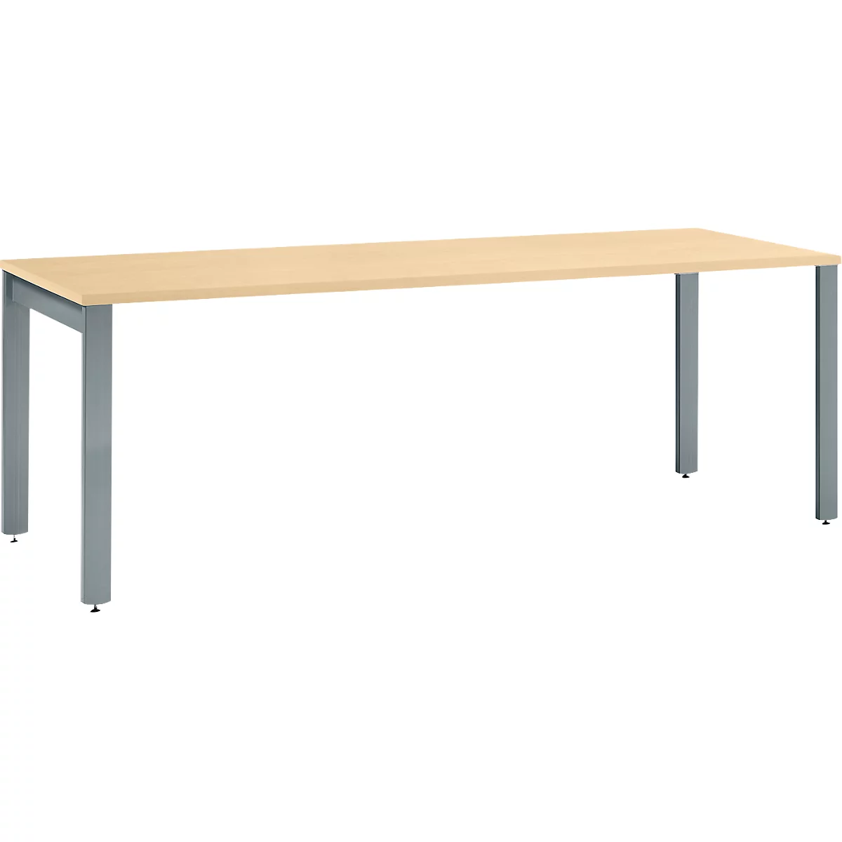 A rectangular table with a light wooden top and gray metal legs.