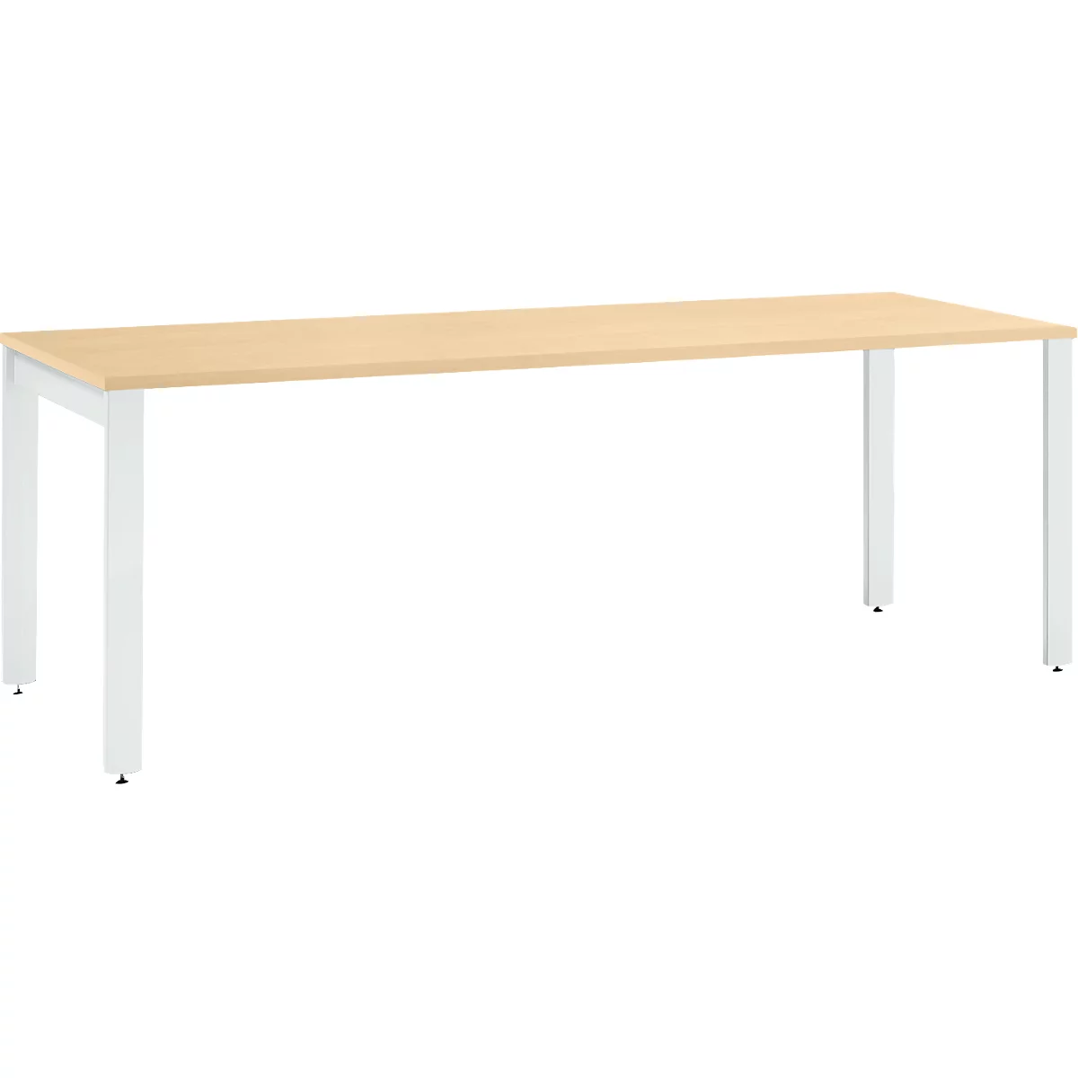 Long table with light wood top and white metal legs. Minimalist design.