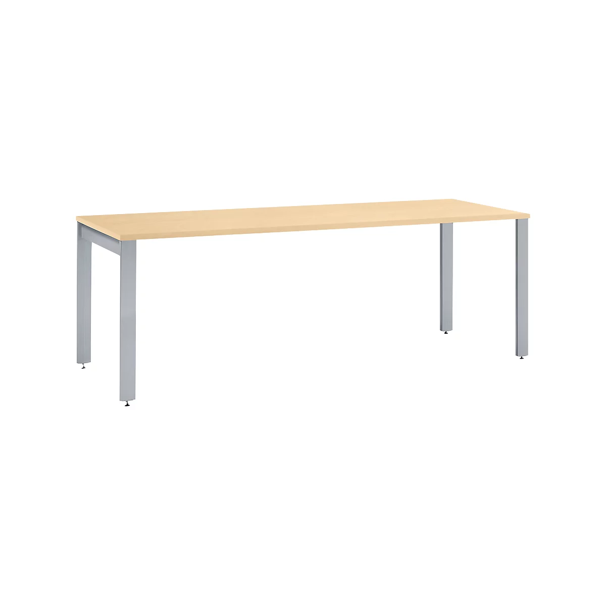 A rectangular light wood table with silver metal legs.