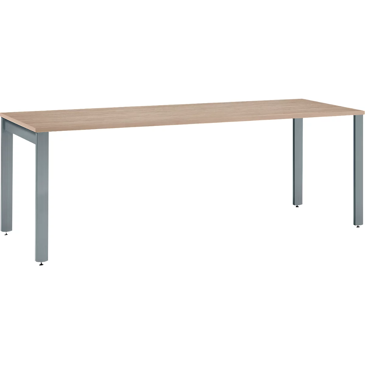 A rectangular, light-colored wooden table with gray metal legs. It stands against a white background.