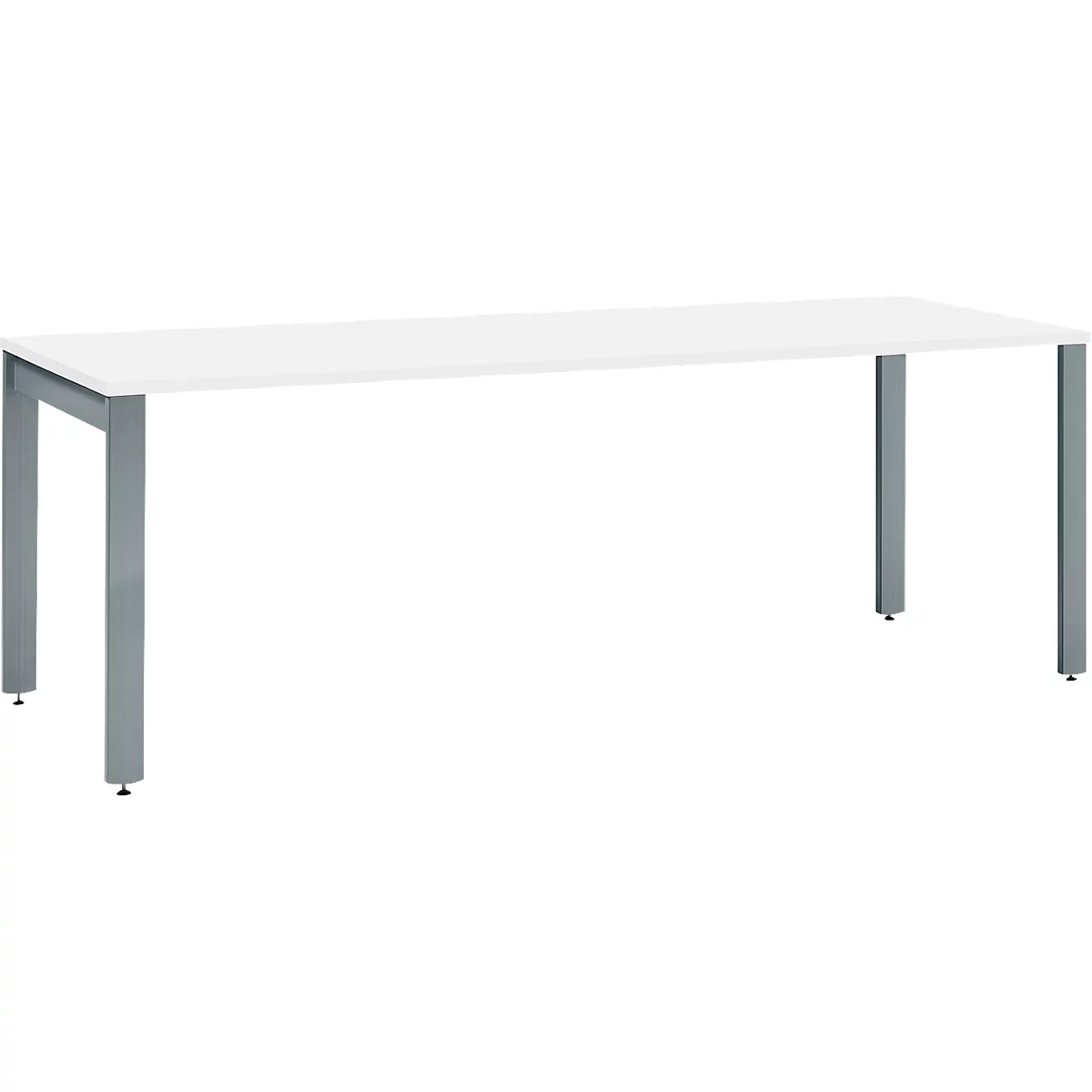 A white table with gray legs. The table is rectangular and stands on four legs. The legs have a rectangular shape.