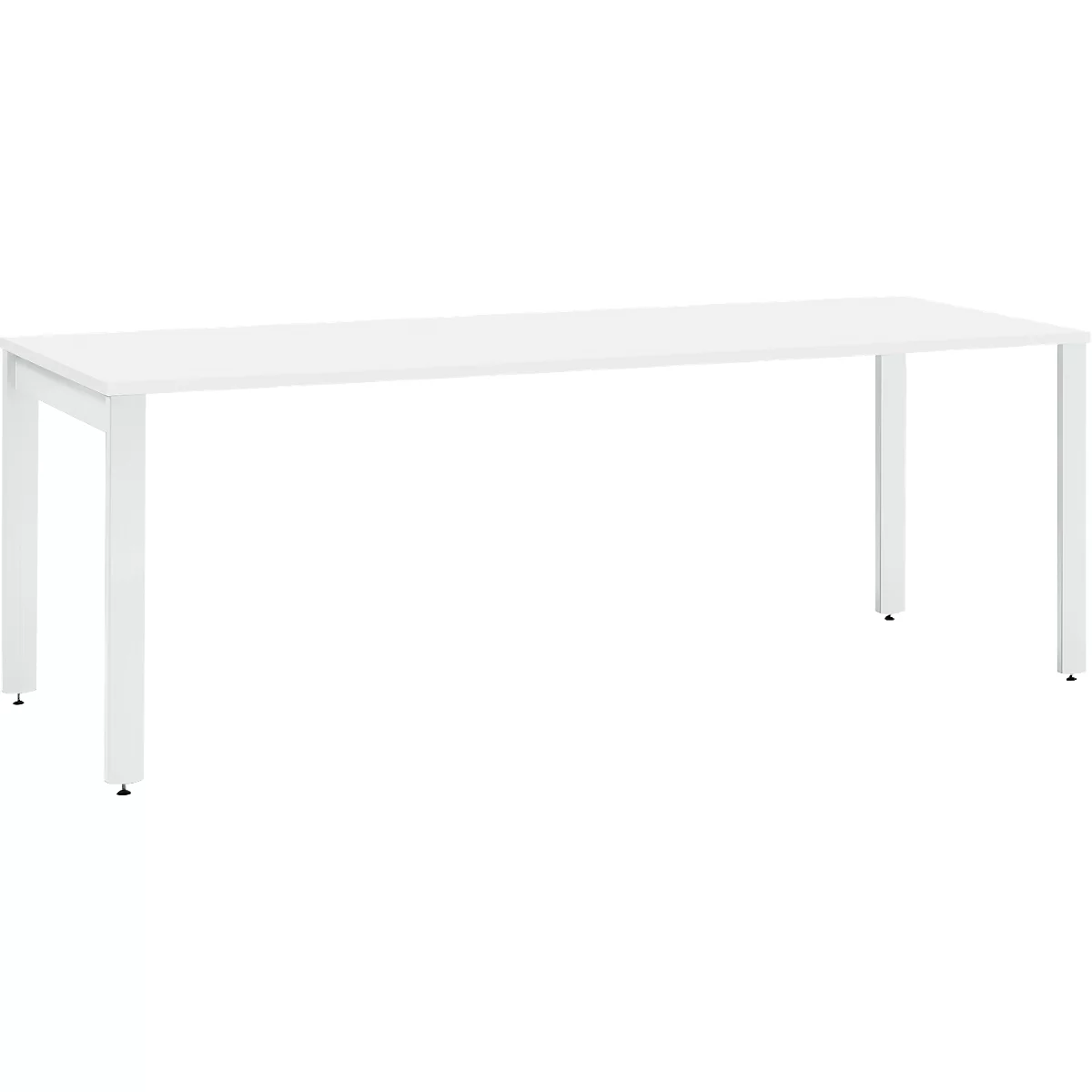 White table with a rectangular top and four slender legs.