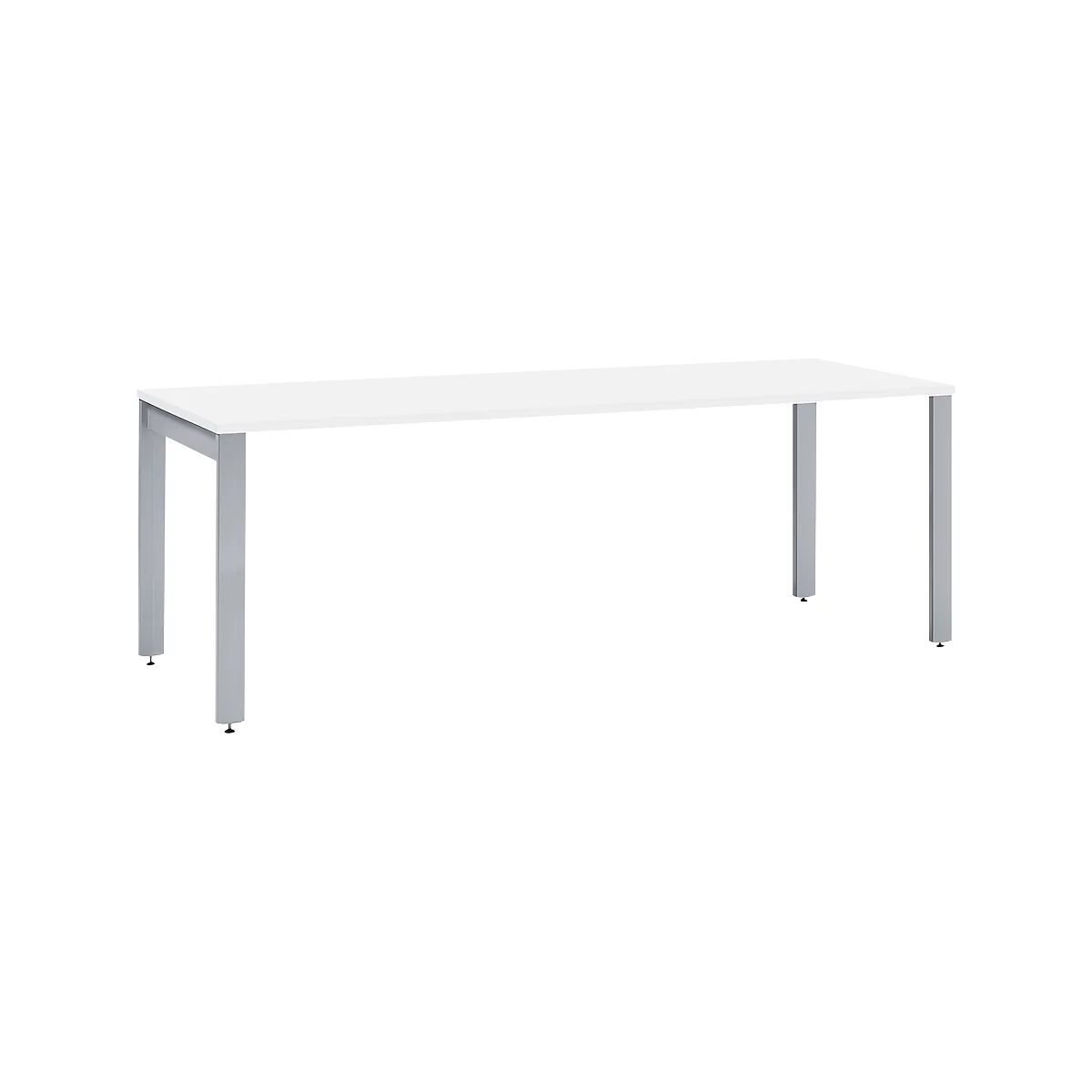 White table with metal legs standing on a white background.
