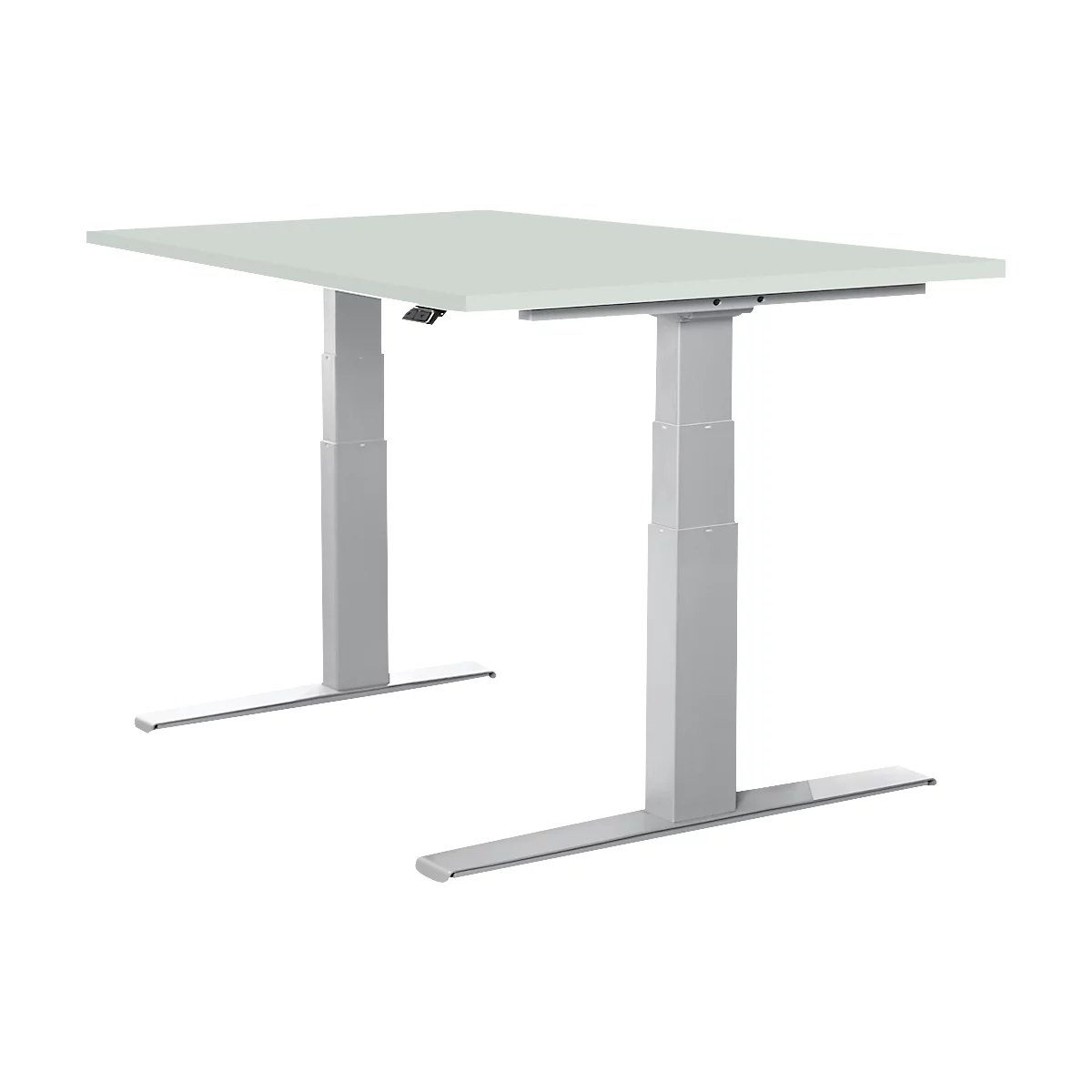 An adjustable height desk against a white background. The tabletop is light grey, the legs are silver.