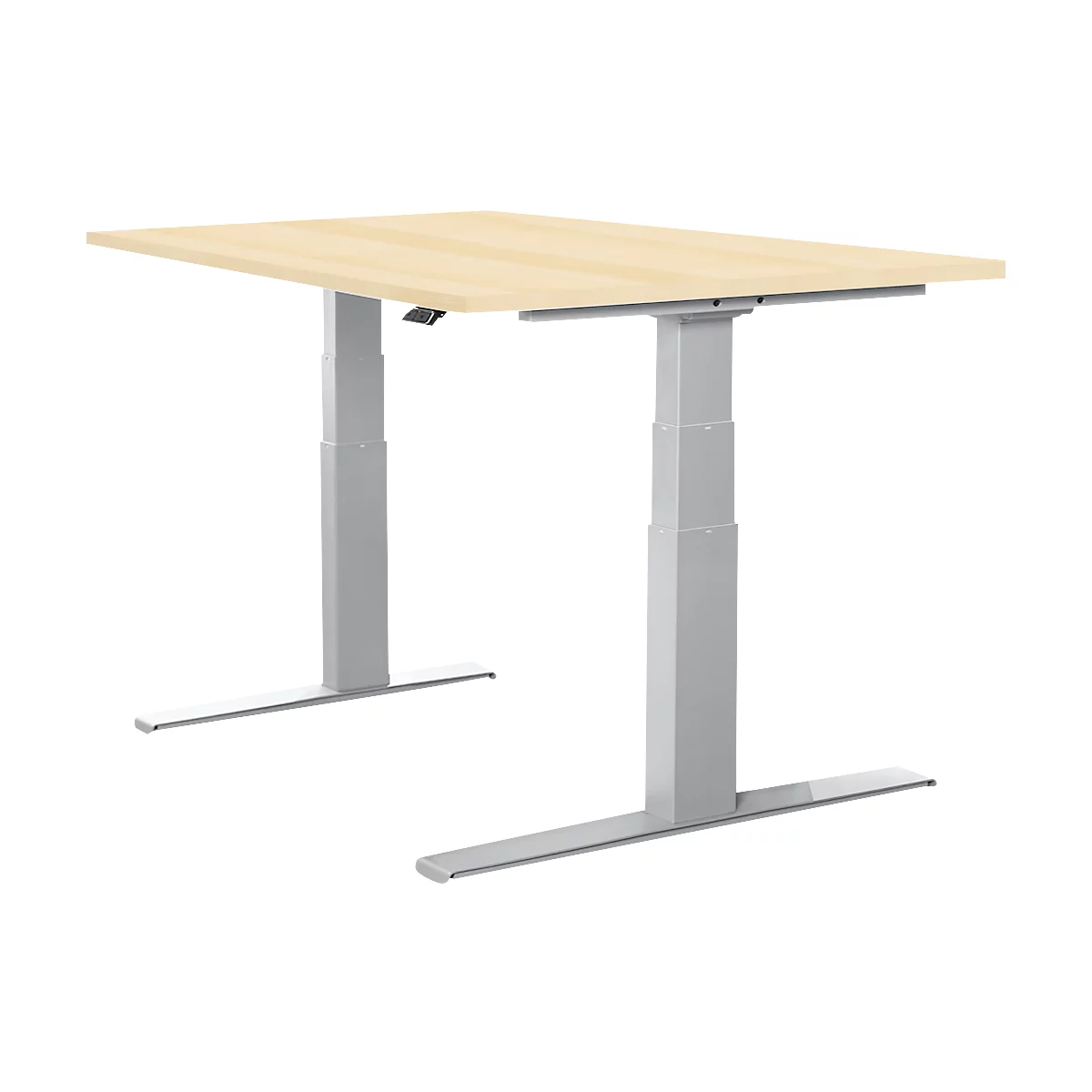 A height-adjustable desk with a light brown tabletop and silver legs.
