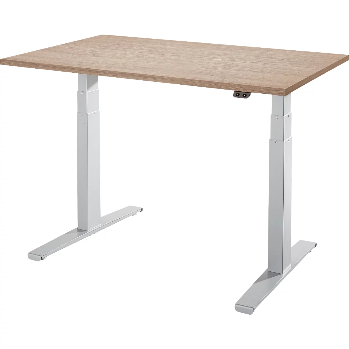 A height-adjustable desk with a light wood top and white, rectangular legs.