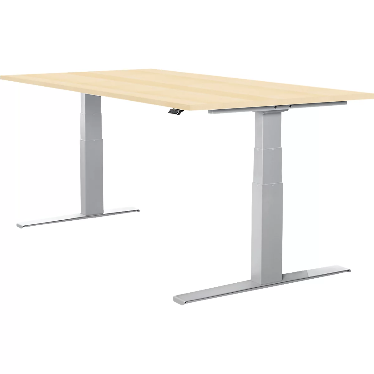 A height-adjustable desk. Light wood top on silver, T-shaped legs. Control for height adjustment.
