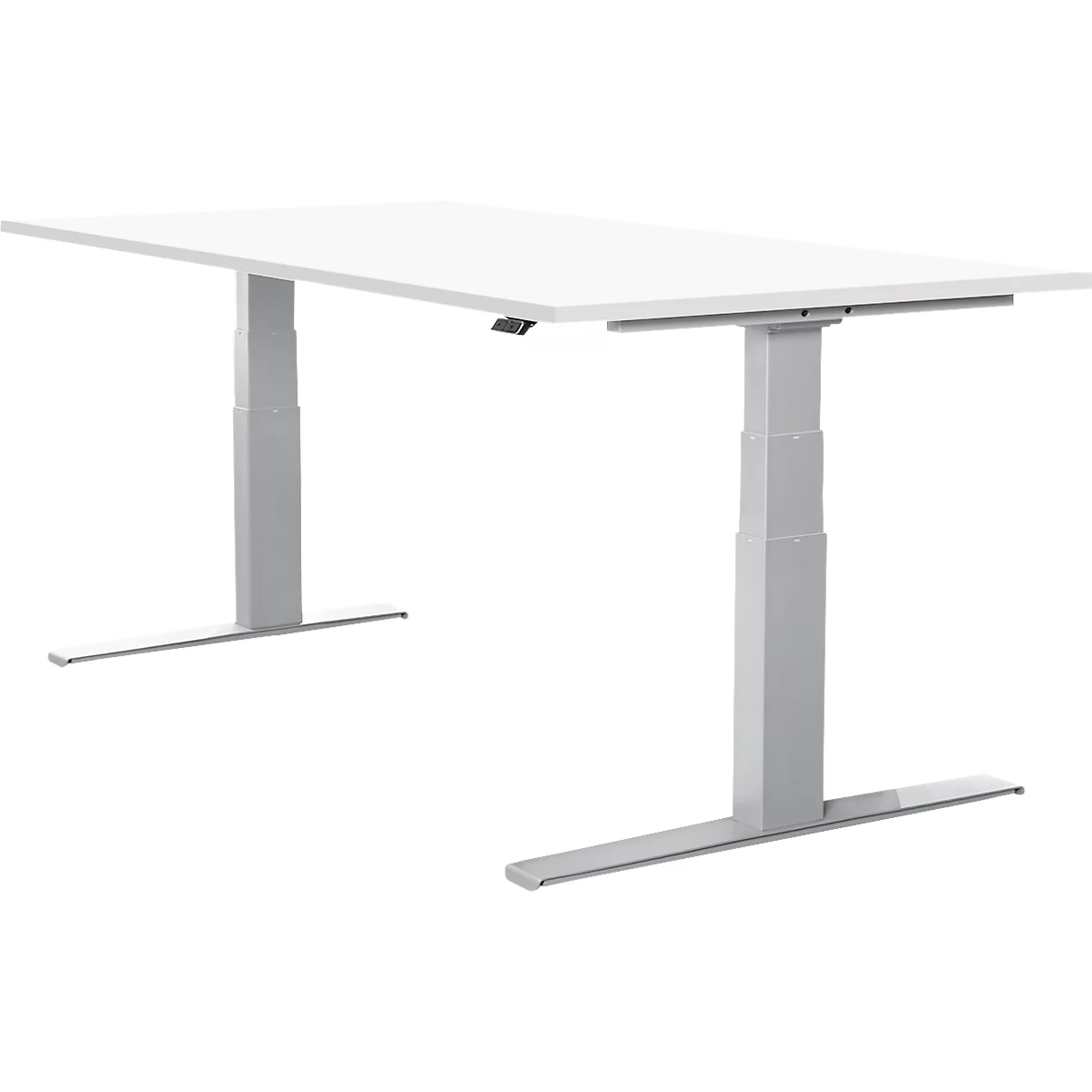 White height-adjustable desk against white background. The desk legs are grey and stand on a metal base.