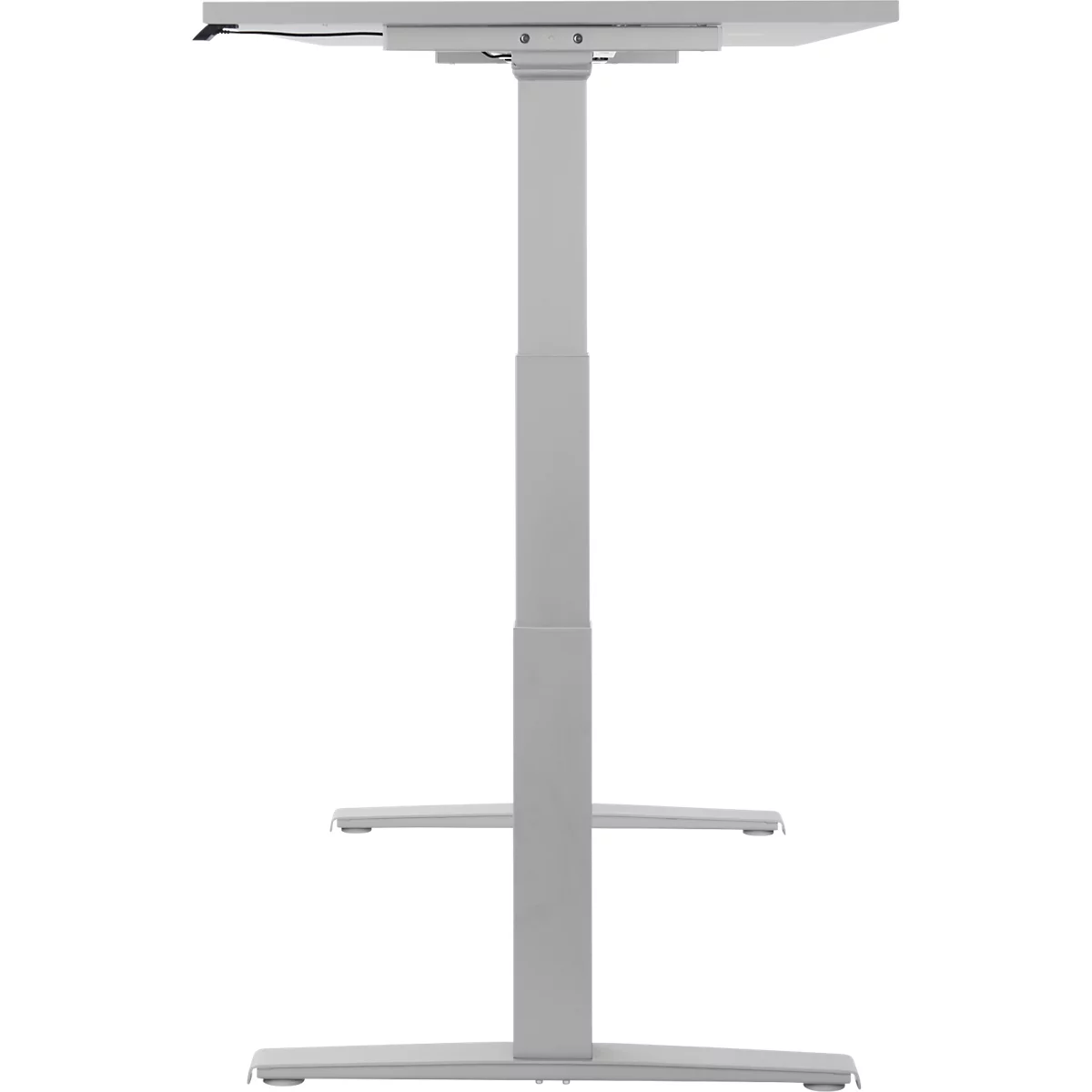 Light gray height-adjustable desk on a white background. The desk frame consists of a wide base, two legs and a table top.