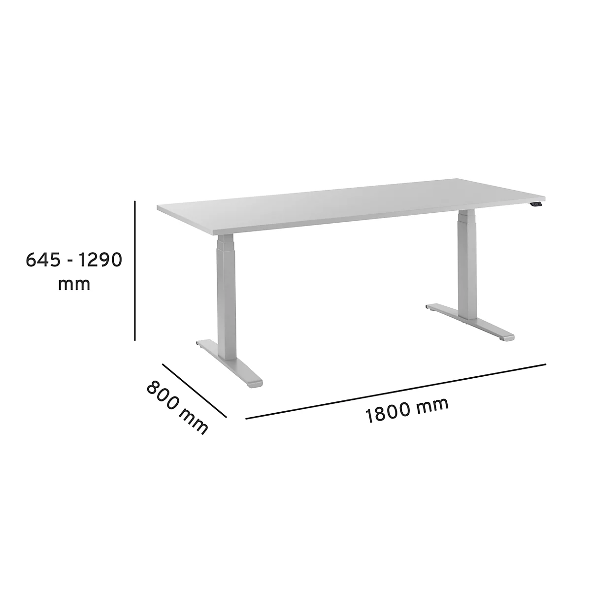 Light grey, height-adjustable desk with dimensions: 1800 mm, 800 mm and 645-1290 mm.