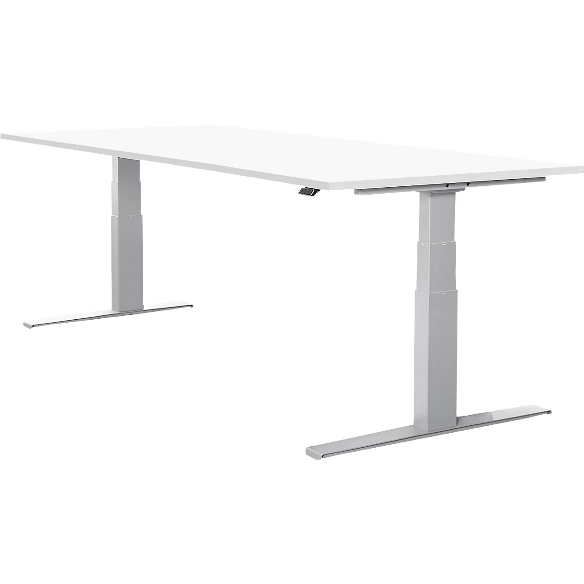 White height-adjustable desk with metal legs against white background.