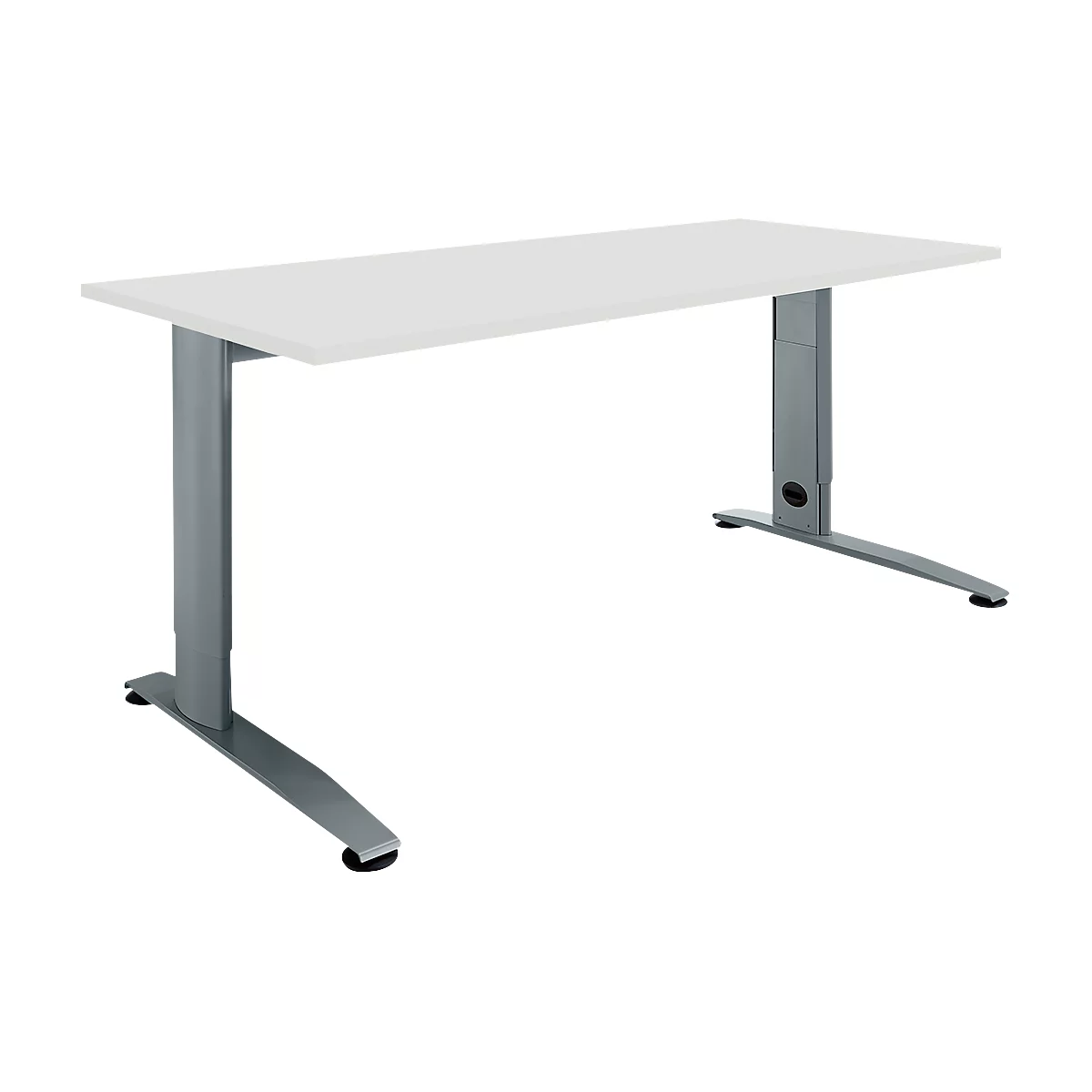 A white desk with a gray metal frame, depicted in perspective.