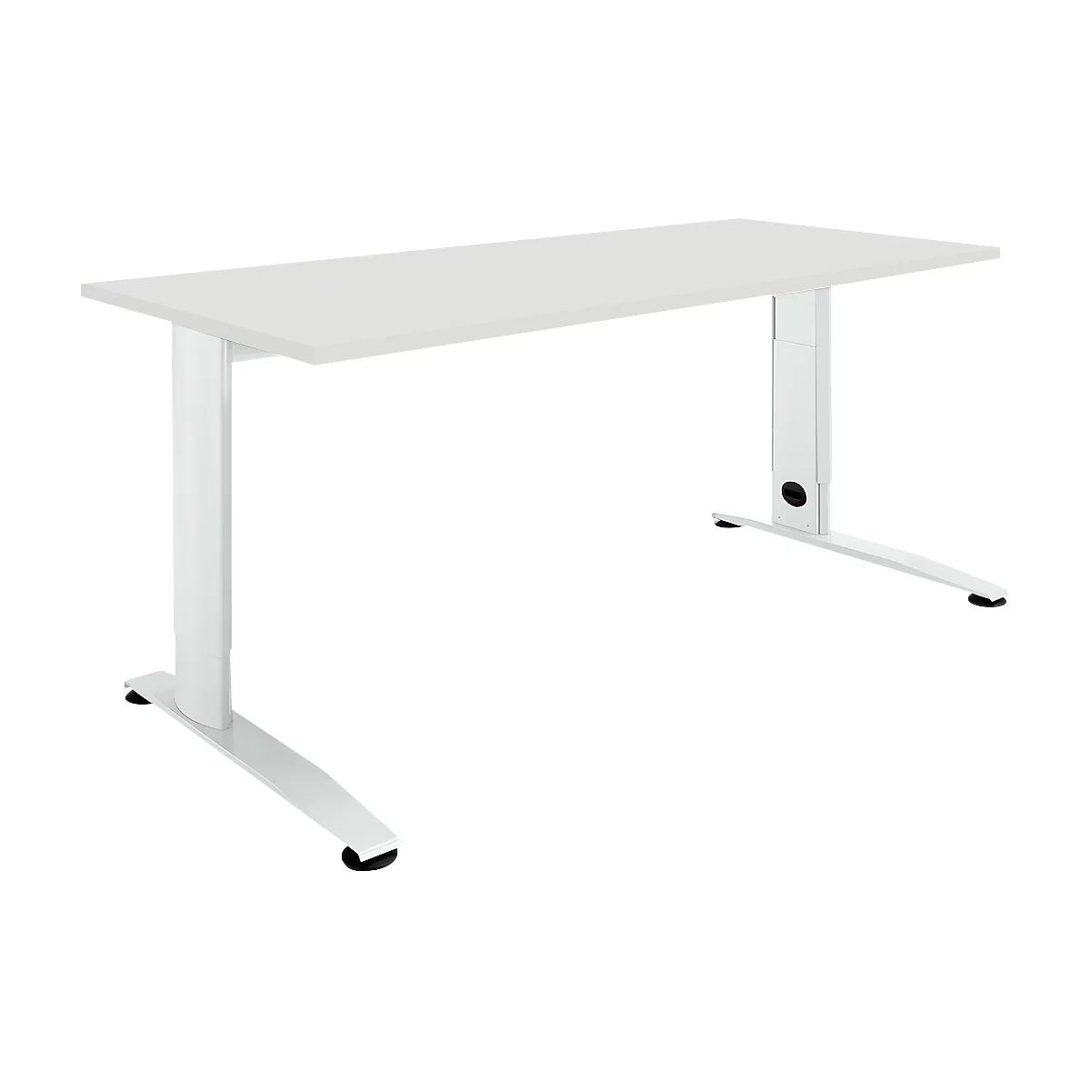 White rectangular desk with white legs. The table top is smooth, the legs are metallic.