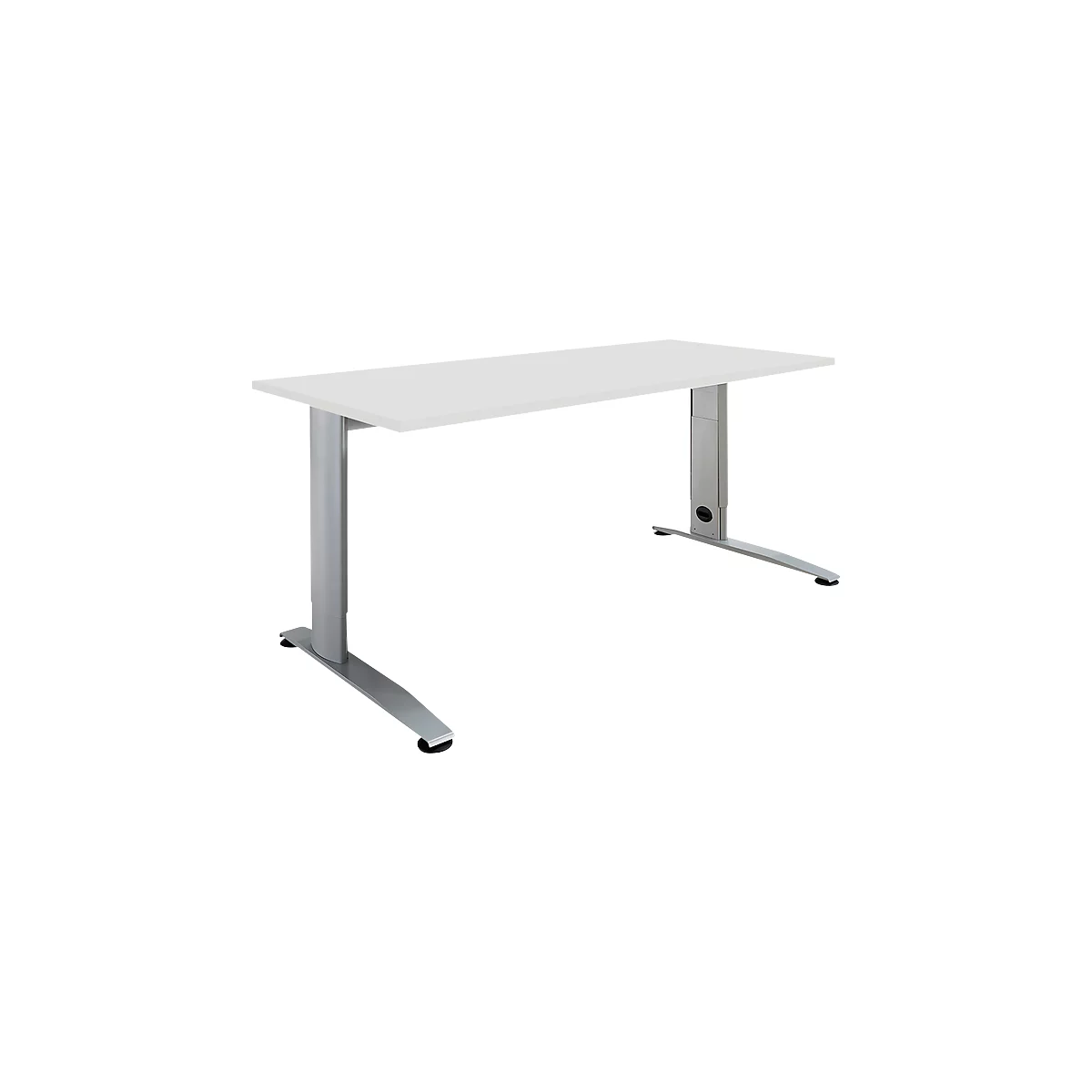 White desk with silver-gray legs, view from below.